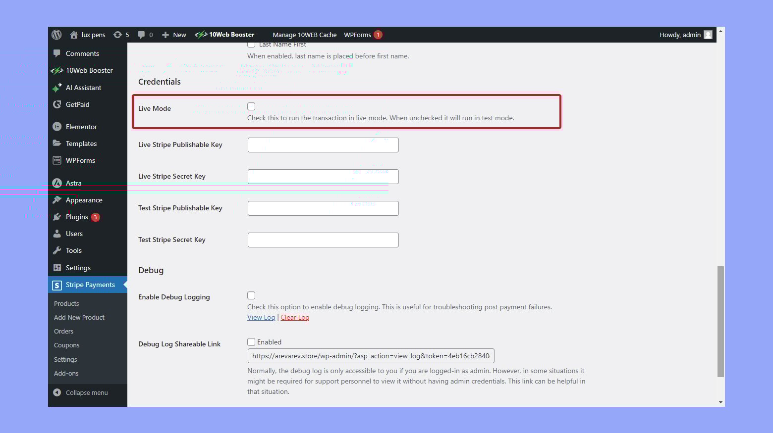 Test mode enabled in Stripe Payments