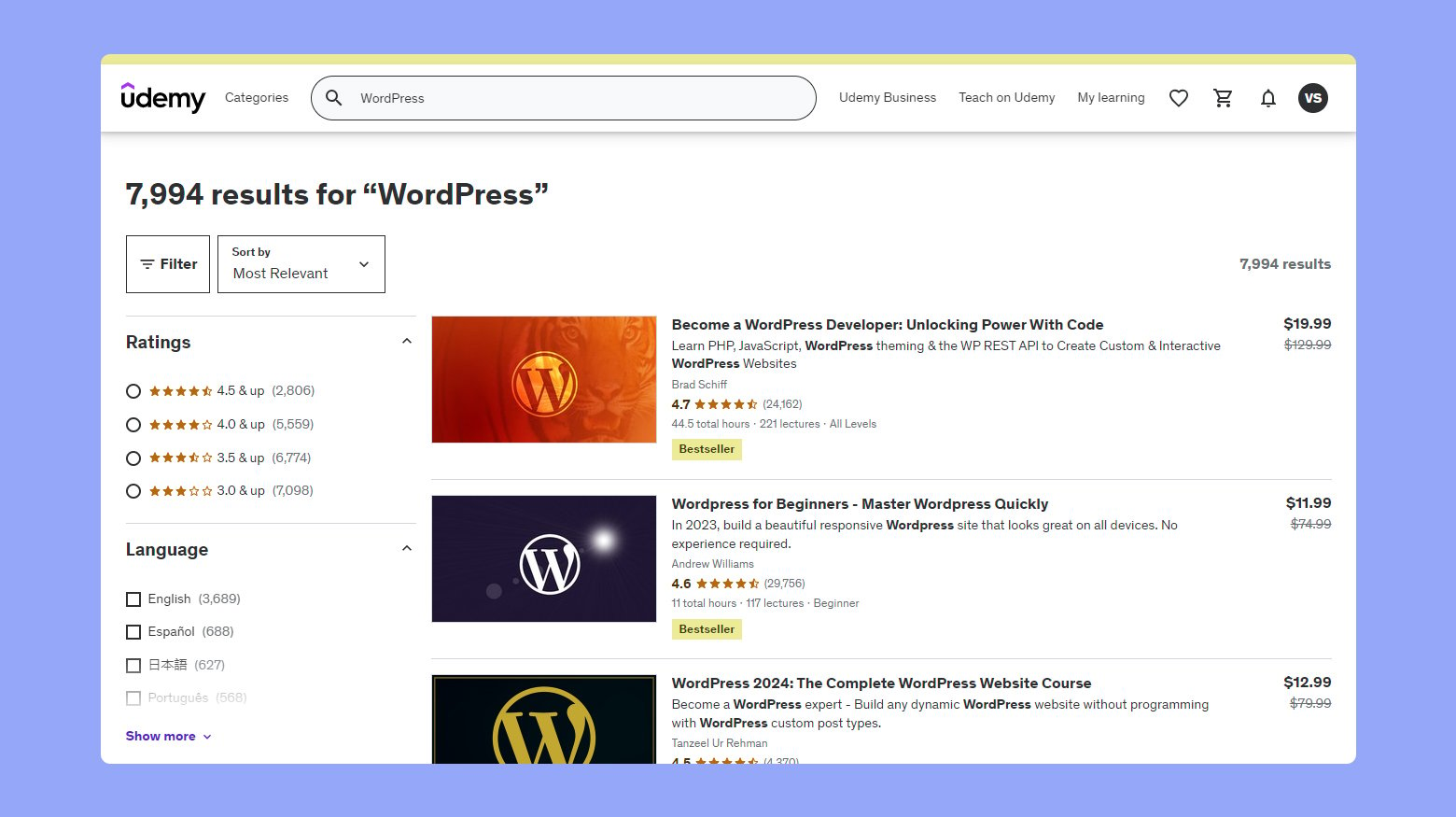 Udemy platform for learning WordPress.