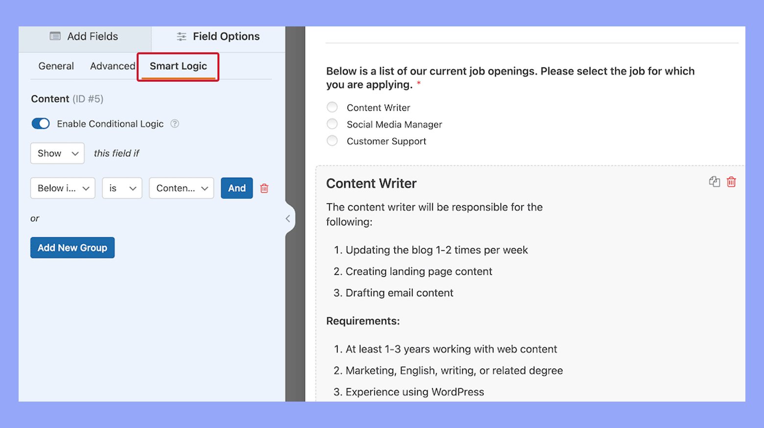 Using conditional logic in WPForm