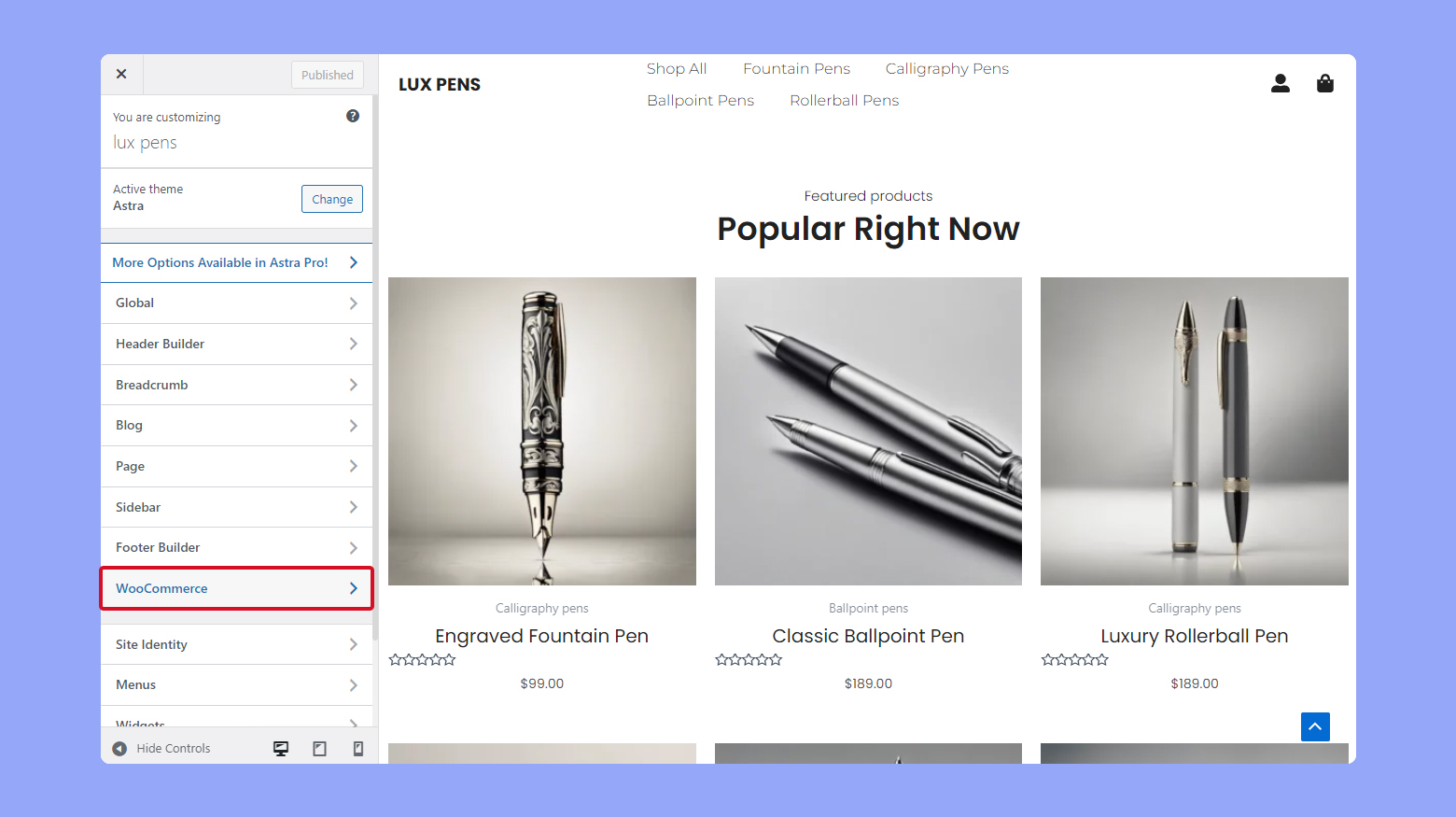 WooCommerce in customize settings