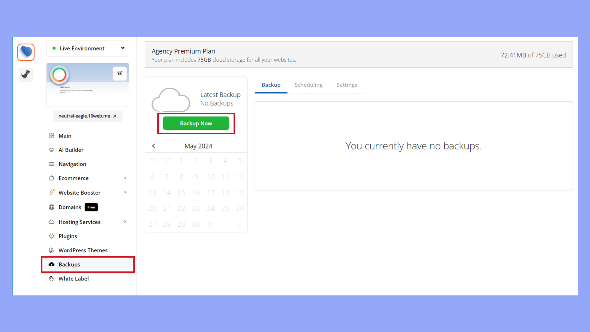 Enabling backups in the 10Web dashboard to back up the WooCommerce database.