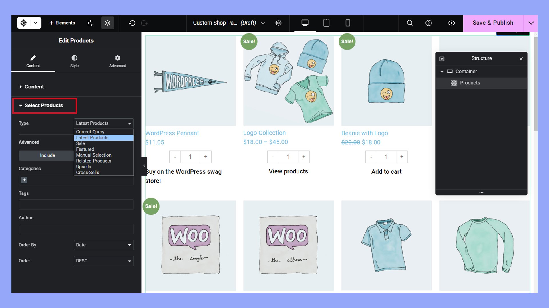 Using the Products widget to configure a custom product grid on the new shop page.