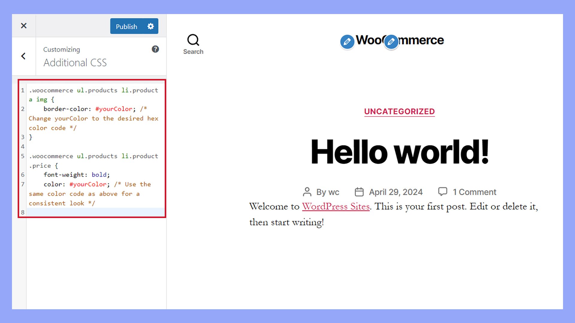 How to change the default shop page in WooCommerce with custom CSS in the customizer.