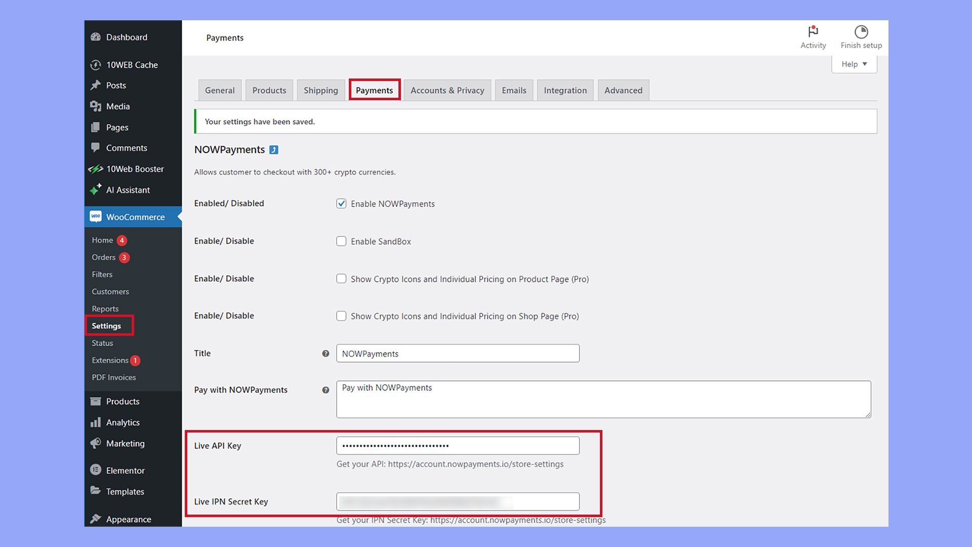 Introducir las claves de pago en la configuración de NOWPayments para configurar los pagos con bitcoin en WooCommerce.
