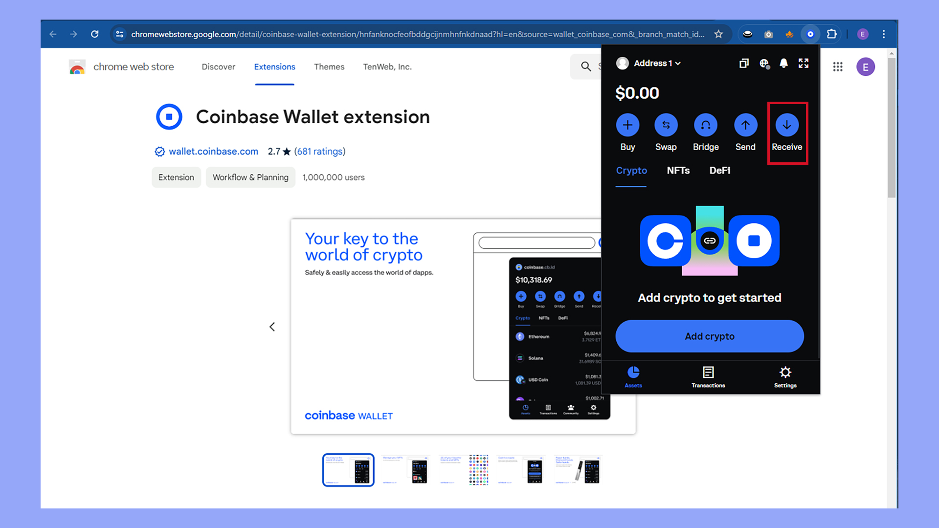 Copia el enlace de recepción para configurar los pagos con Bitcoin en WooCommerce.
