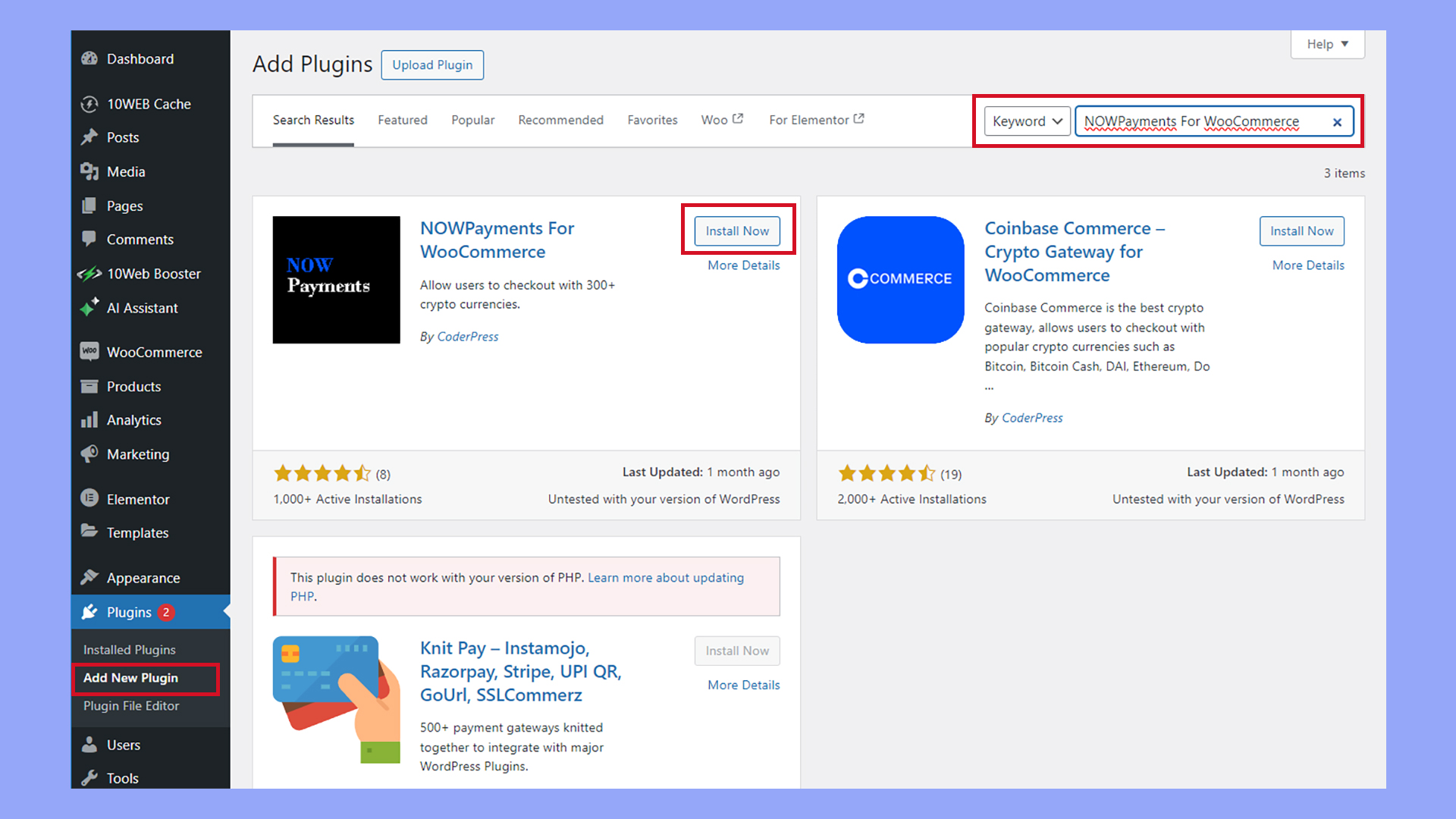 Instalar y activar el plugin NOWPayments For WooCommerce para aceptar pagos con Bitcoin.