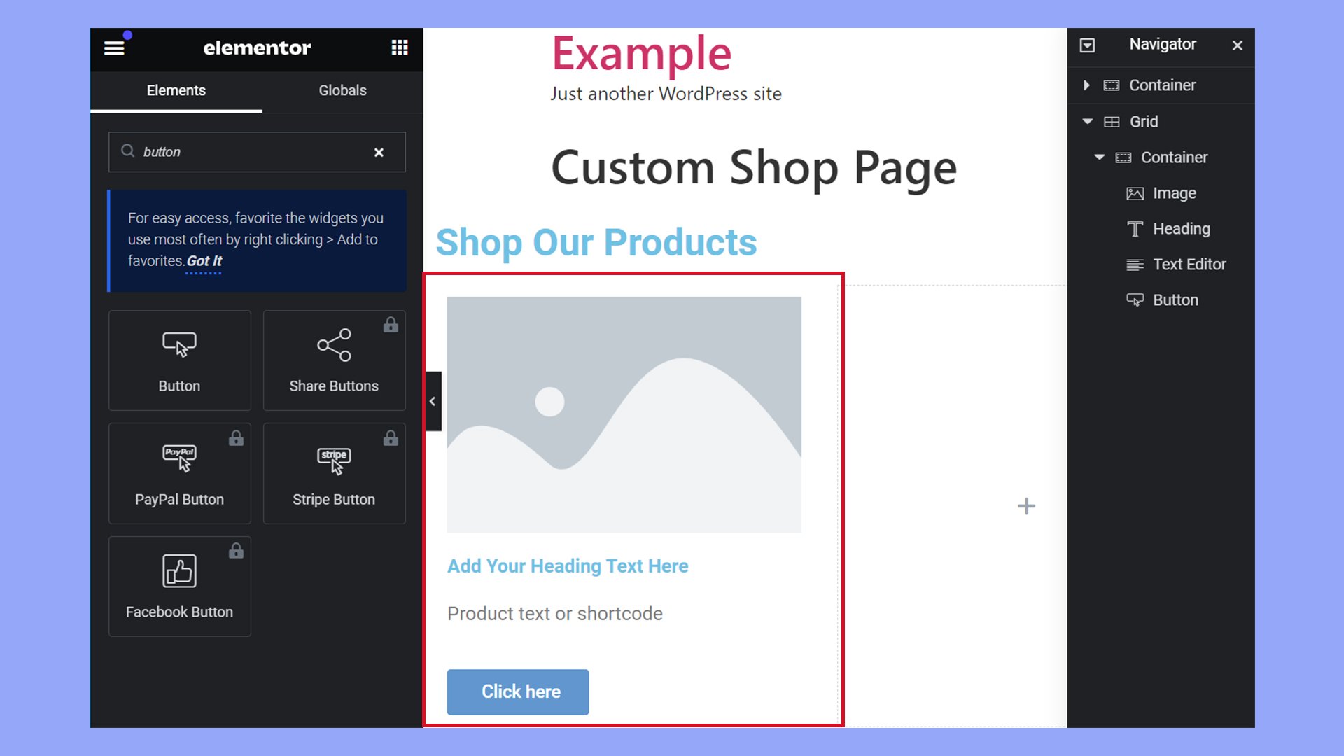Manually creating a shop page layout in Elementor free.