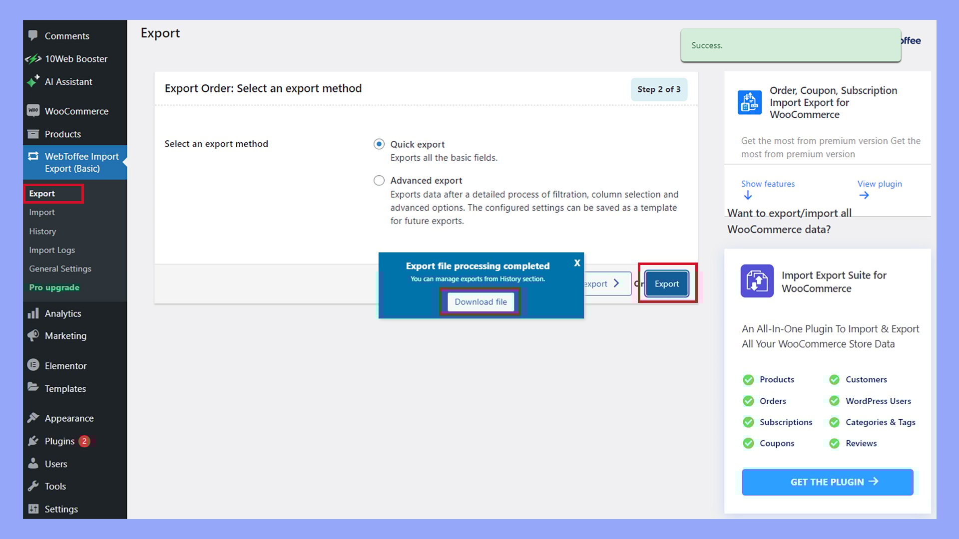 Downloading an export file to import WooCommerce orders.