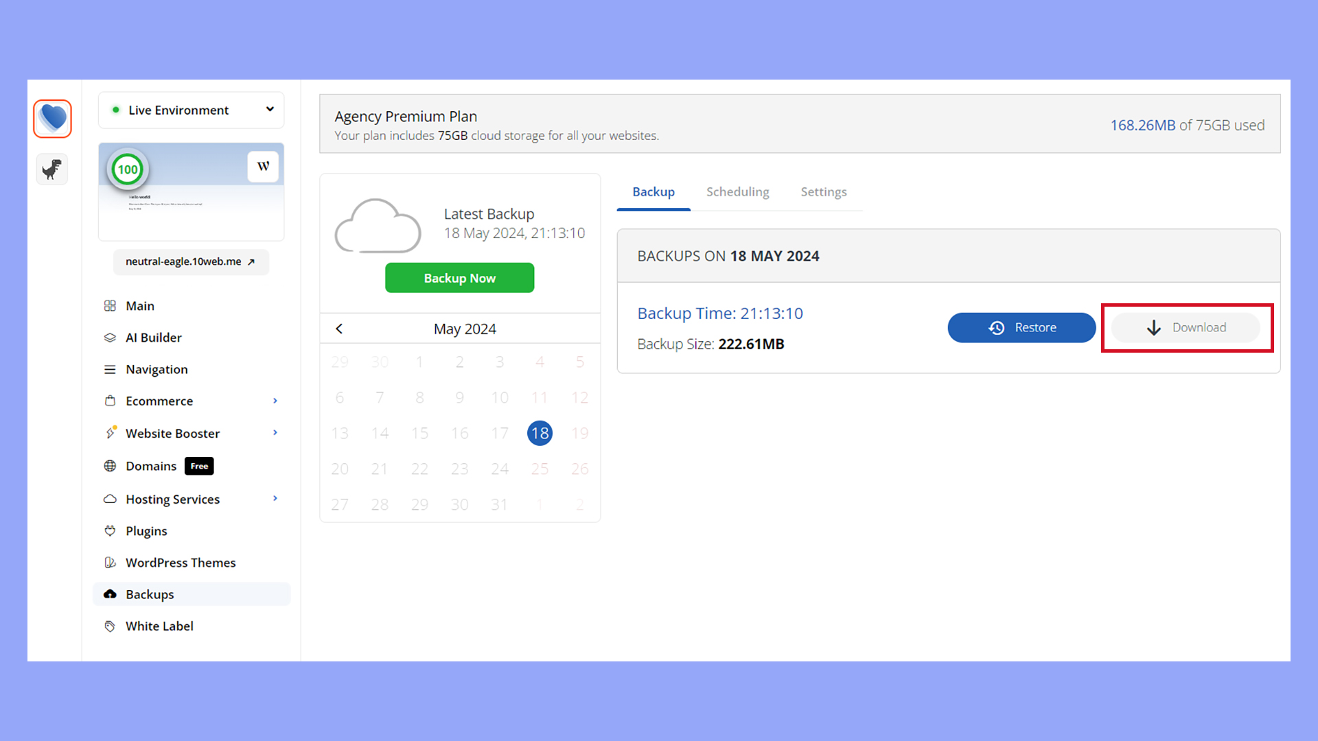 Downloading the database backup for safe keeping.