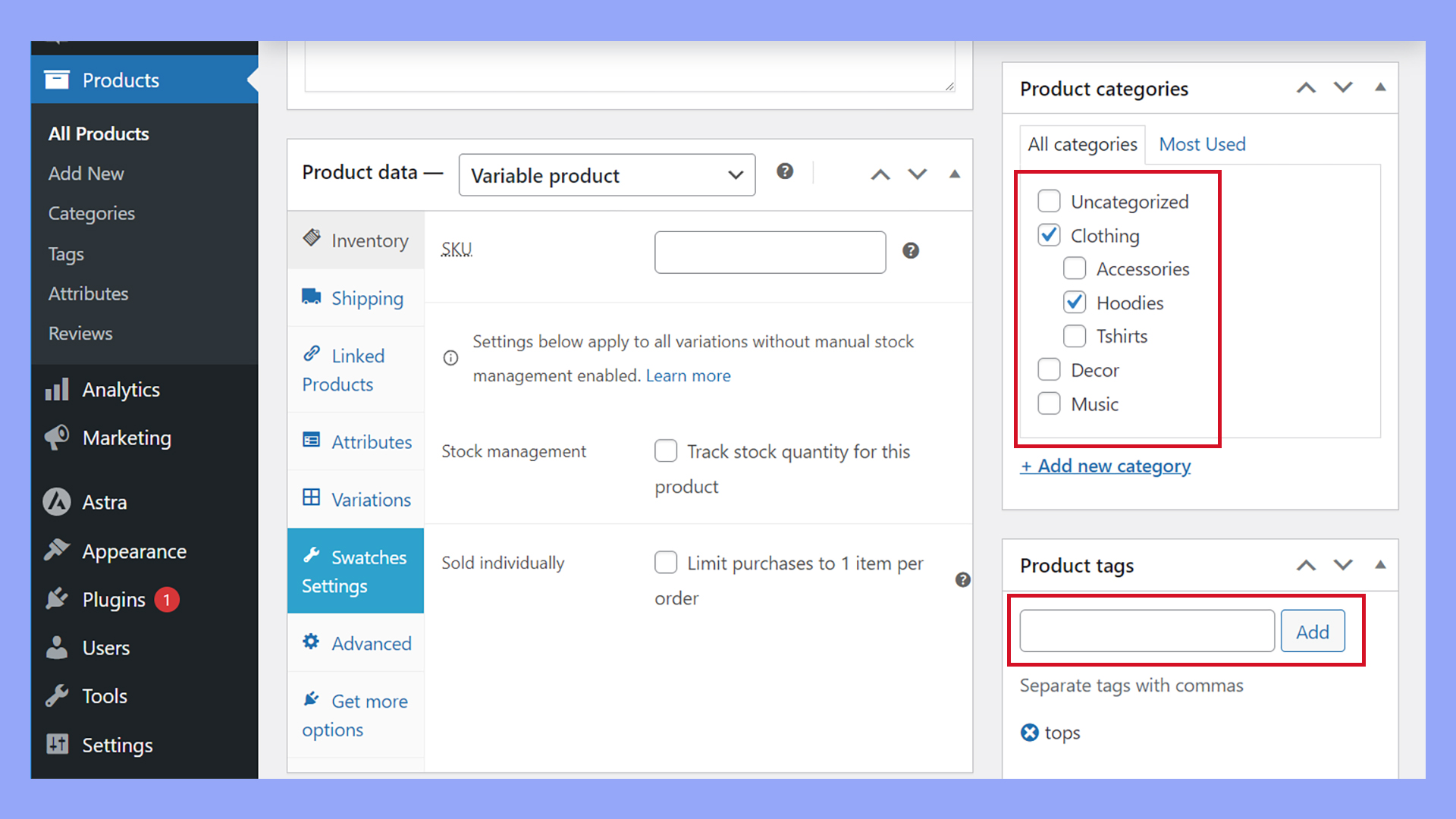 Adding product categories and tags to change related products.