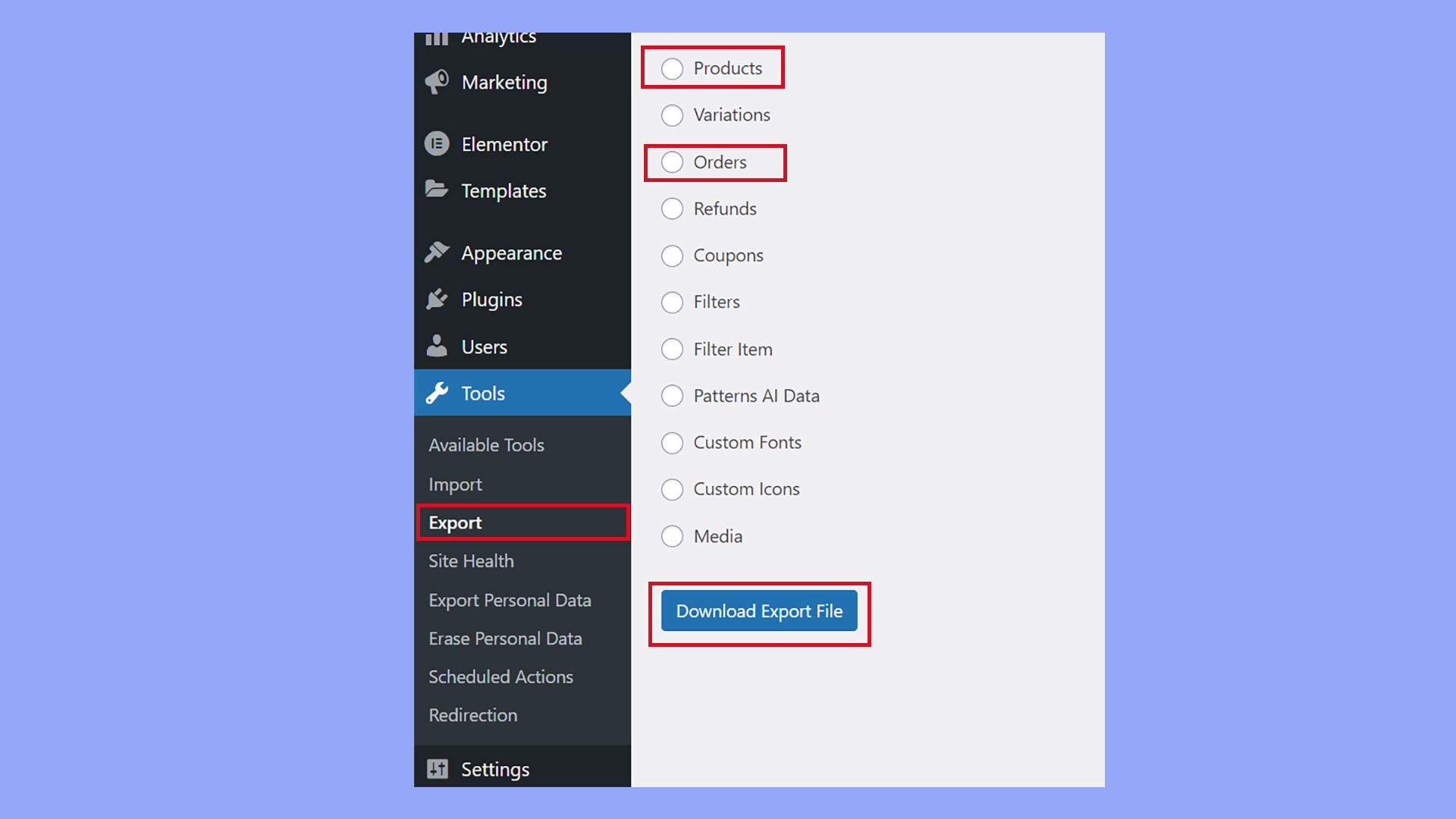 Exporting order and product data from the WordPress admin's Tools, export page.