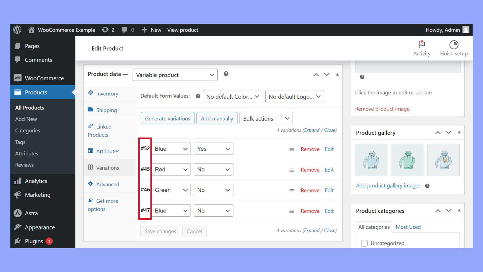 El ID de la variación del producto que se muestra en la sección de datos del producto de la página de edición del producto.