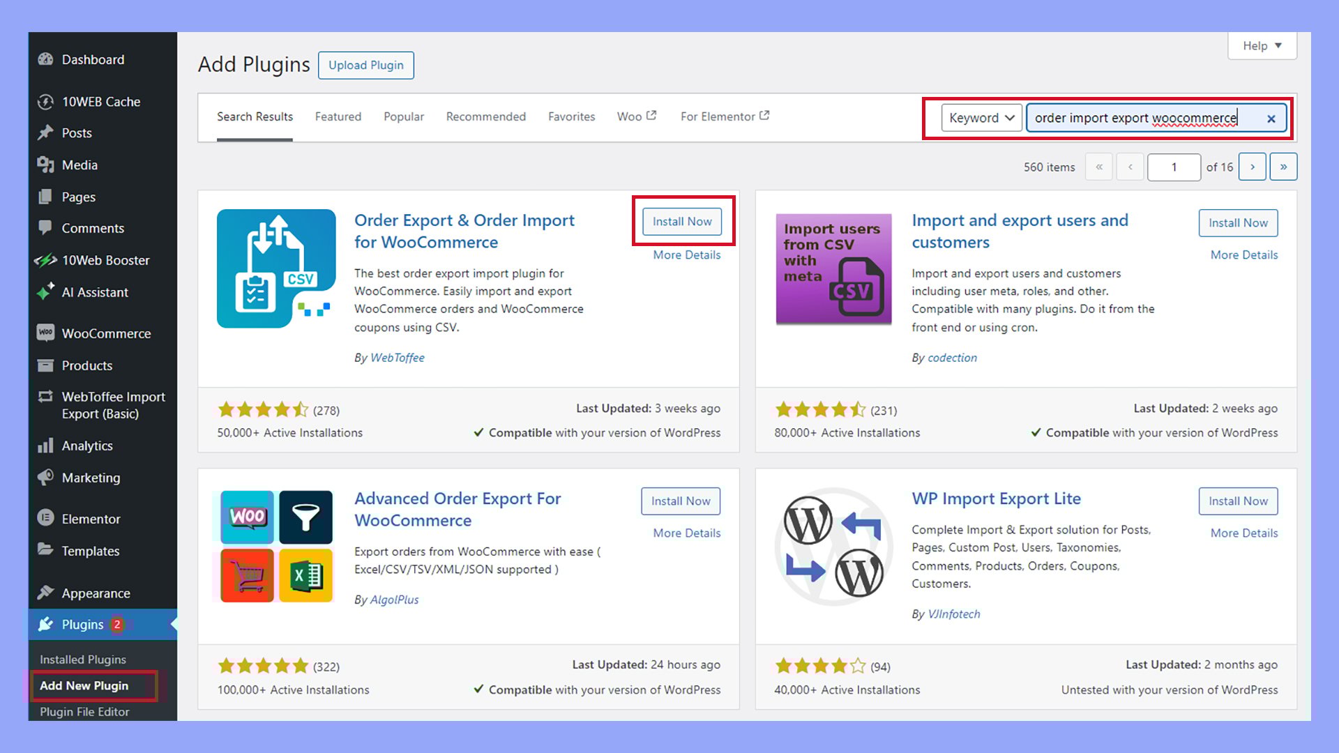 Installing a plugin to import WooCommerce orders.