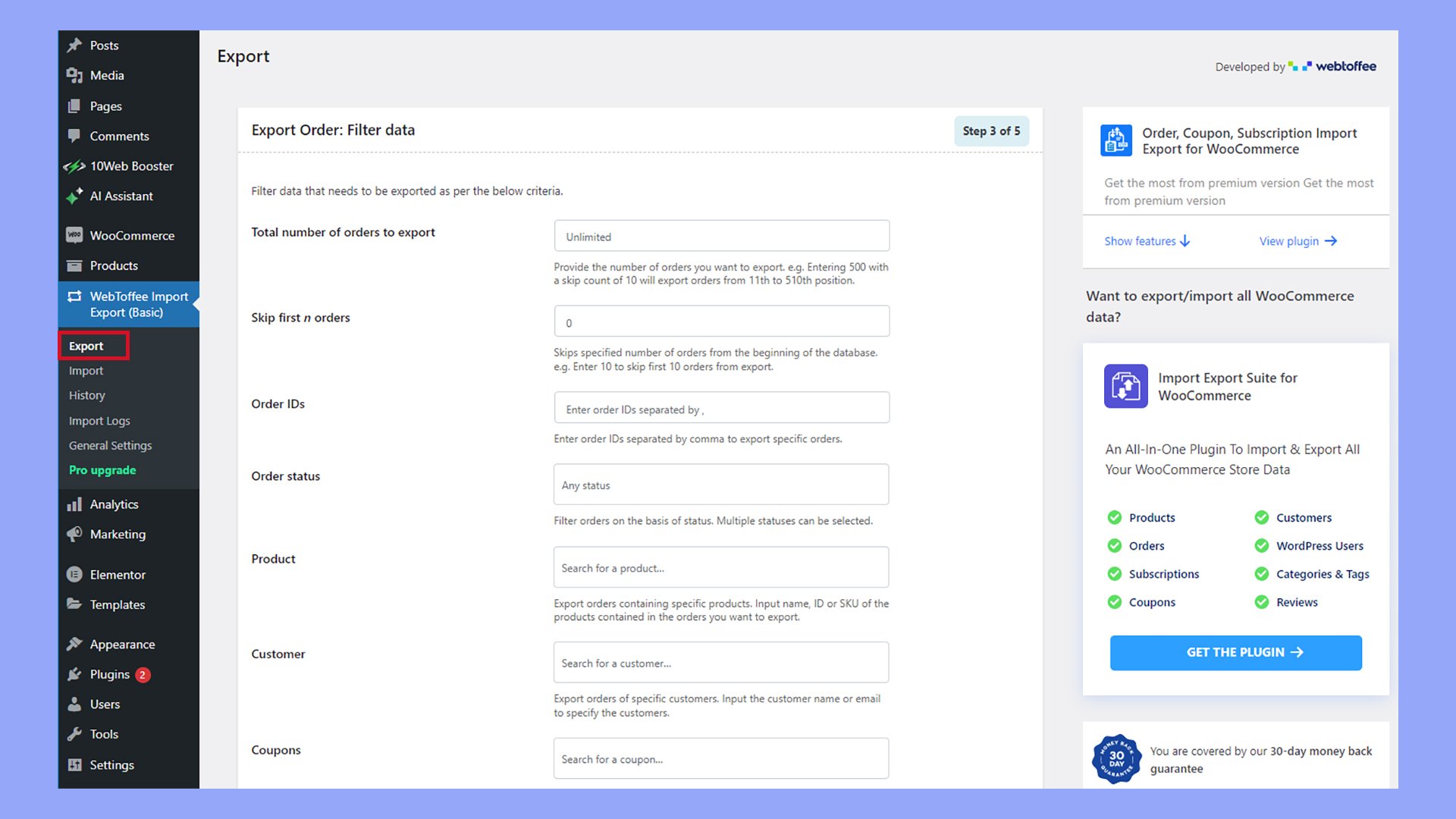 Filtering orders from the export file to troubleshoot importing WooCommerce orders.