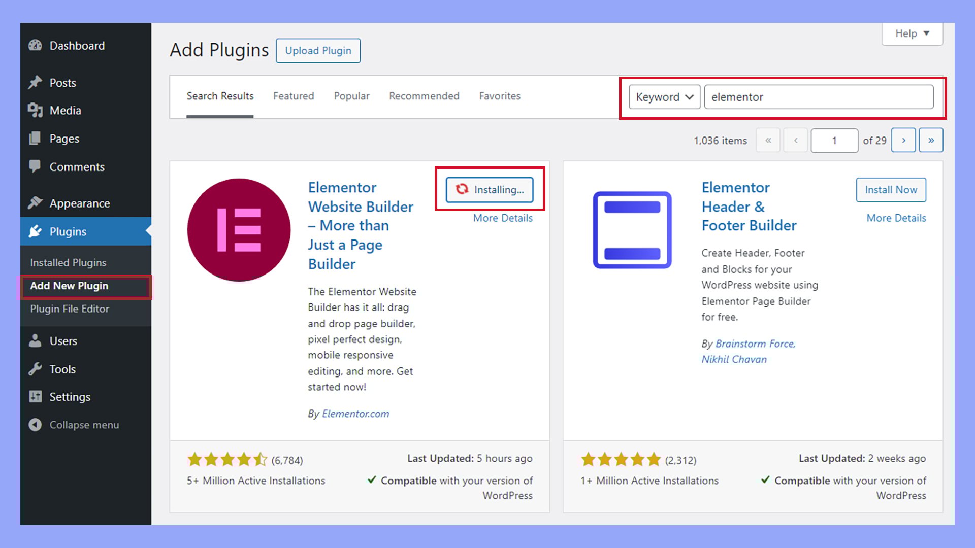 Installing the Elementor plugin from the WordPress dashboard's Plugins, Add New Plugin.