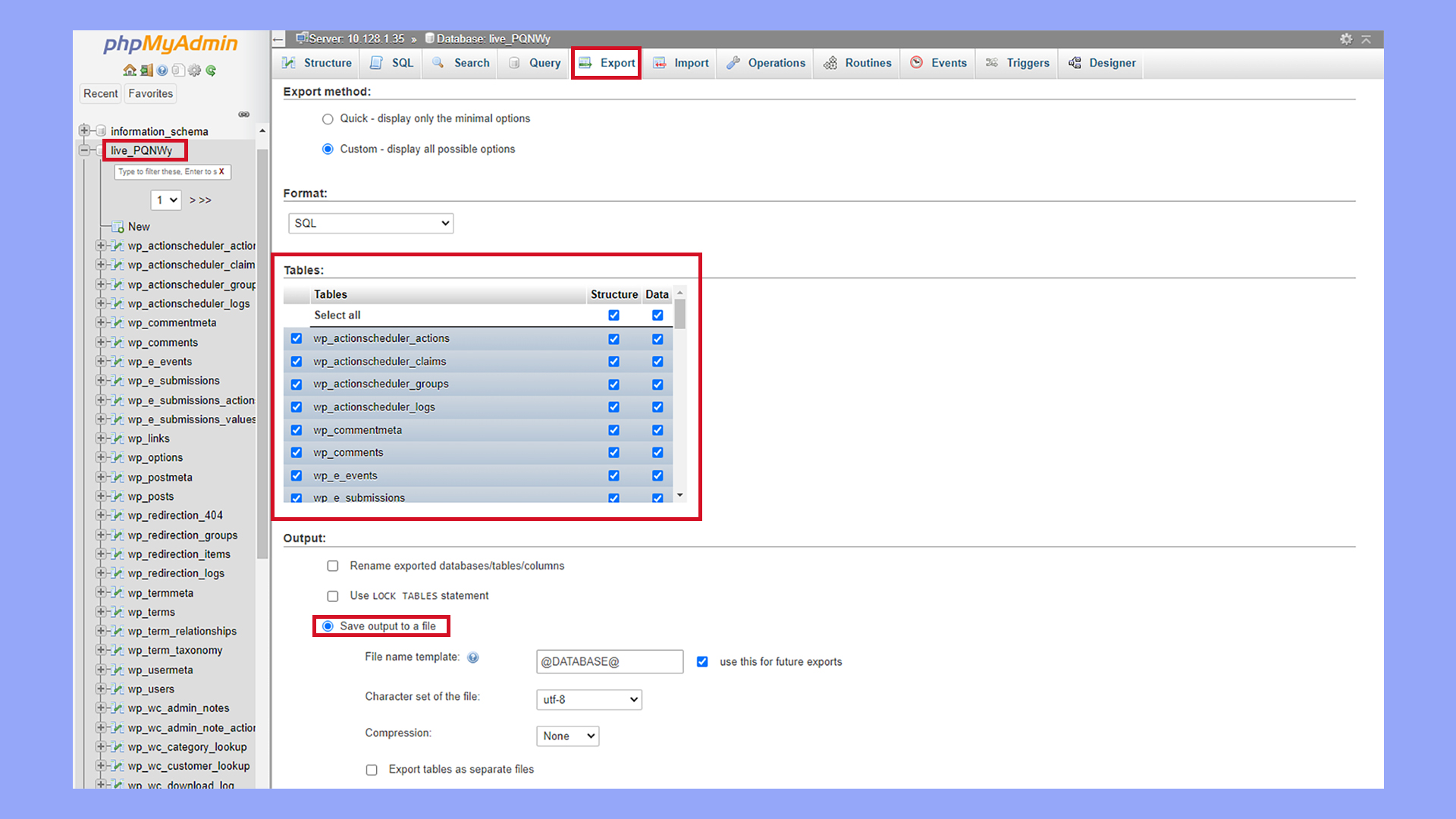 Exporting the database for backup via phpMyAdmin.