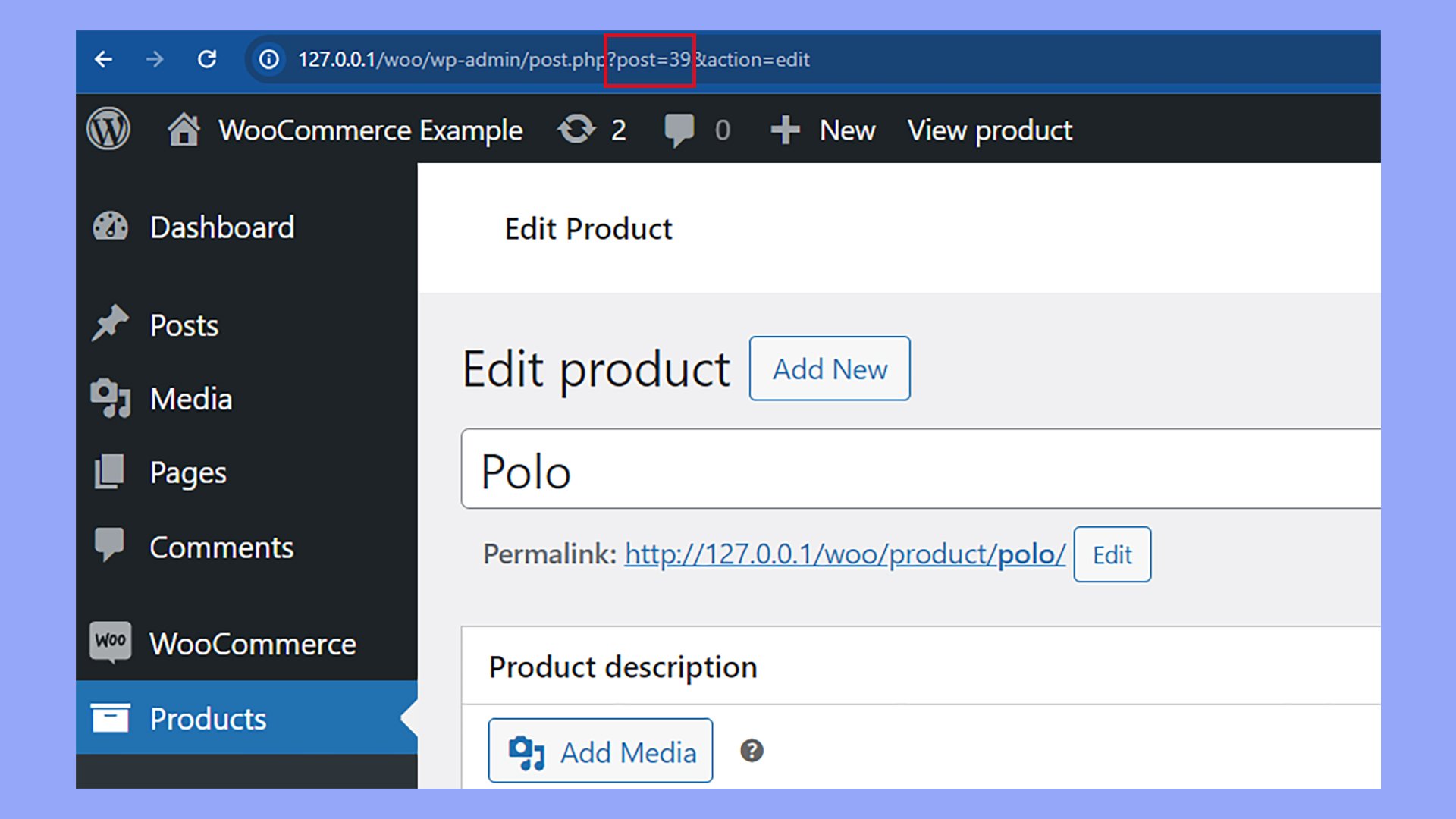 The product ID is shown in the URL while the product page is open in the WordPress editor.