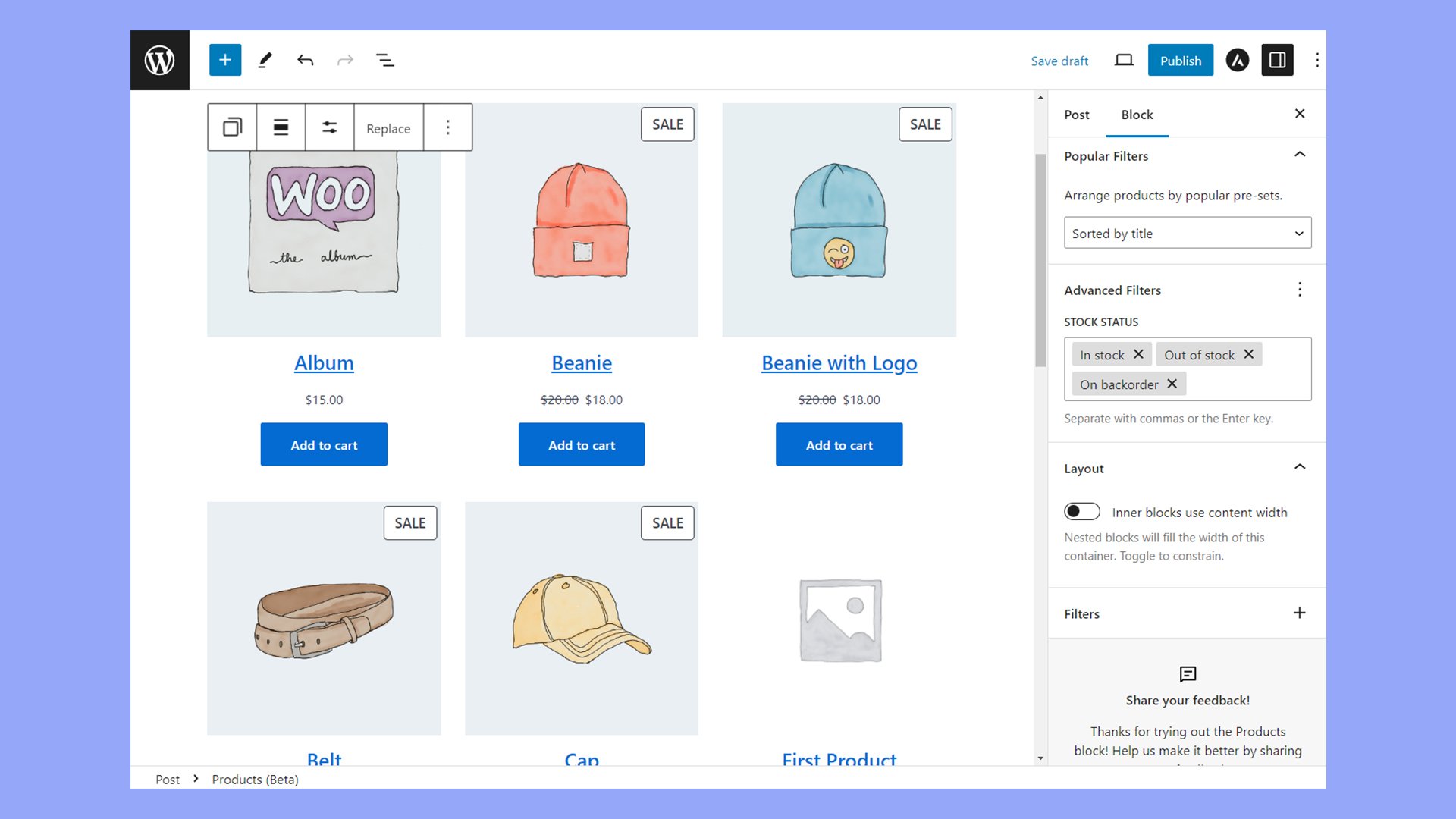 El bloque Productos (Beta) permite filtrar productos y opciones de diseño.