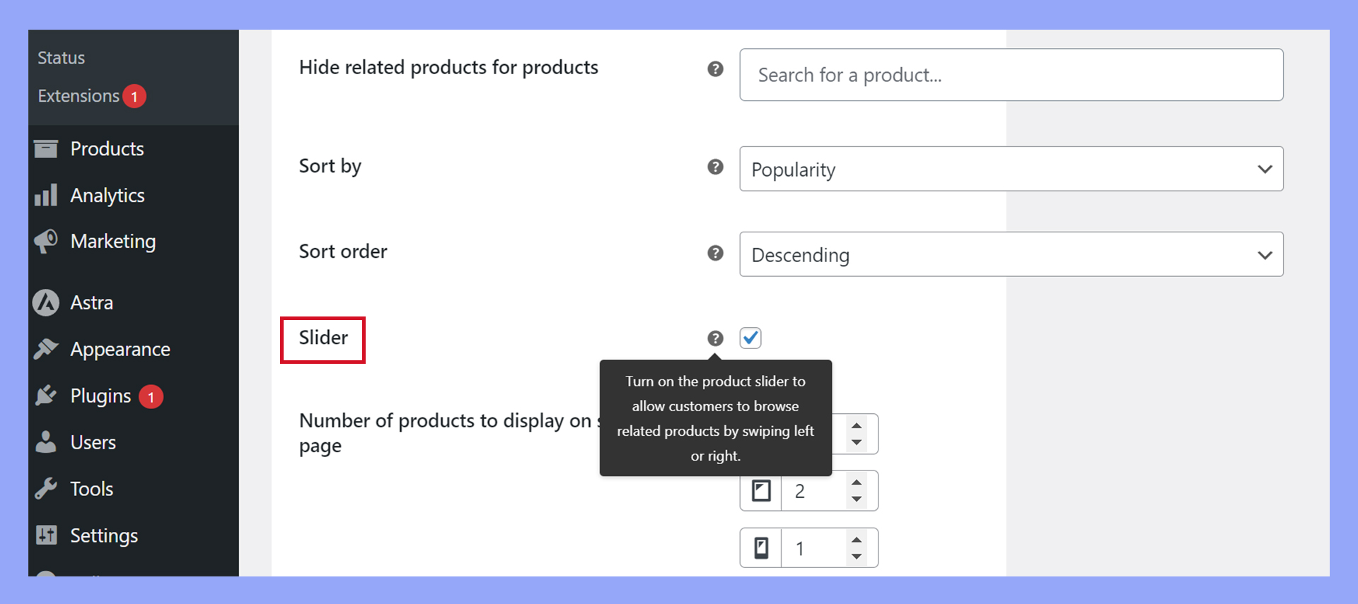The plugin's settings page displays an option to use a related product slider.