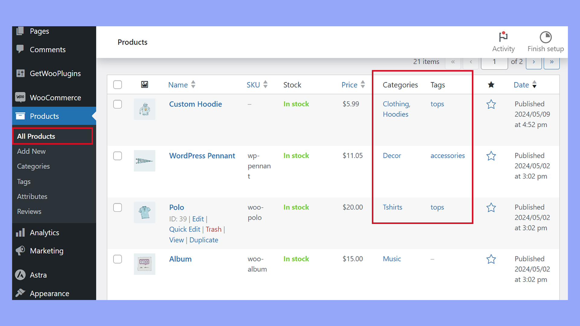 WooCommerce muestra los productos relacionados en función de la categoría y las etiquetas.