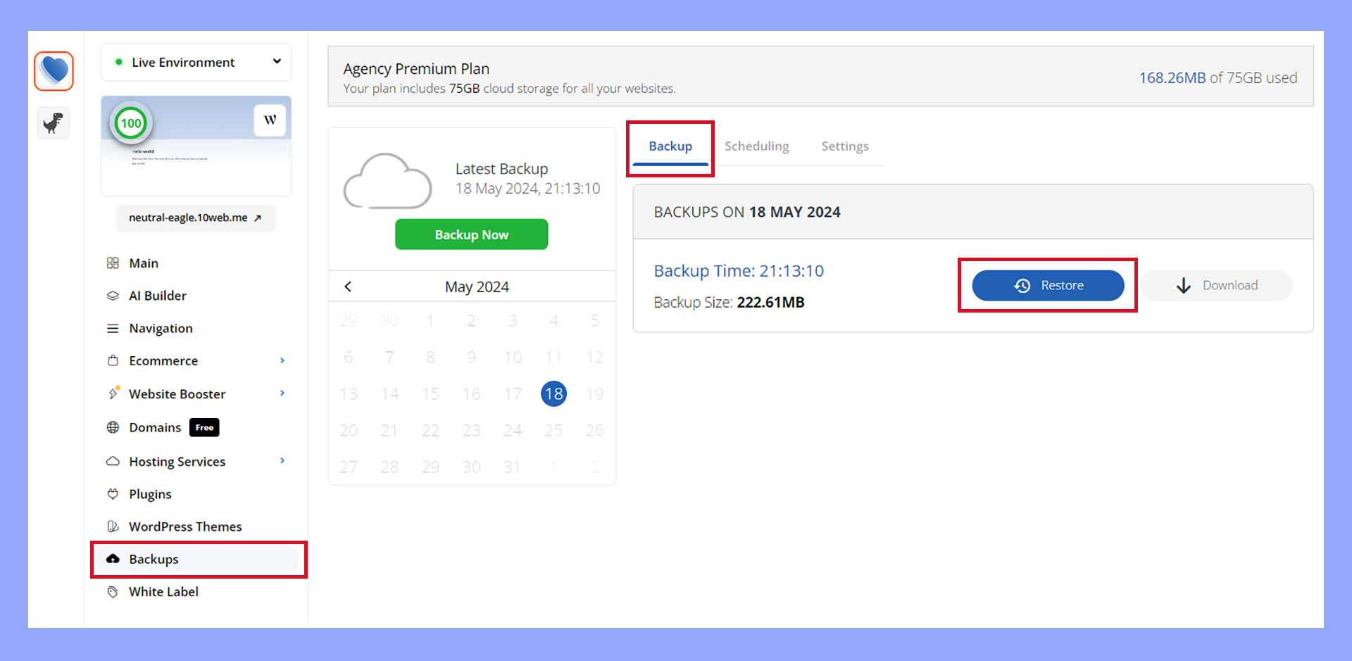 Restoring the WooCommerce database in the 10Web dashboard.