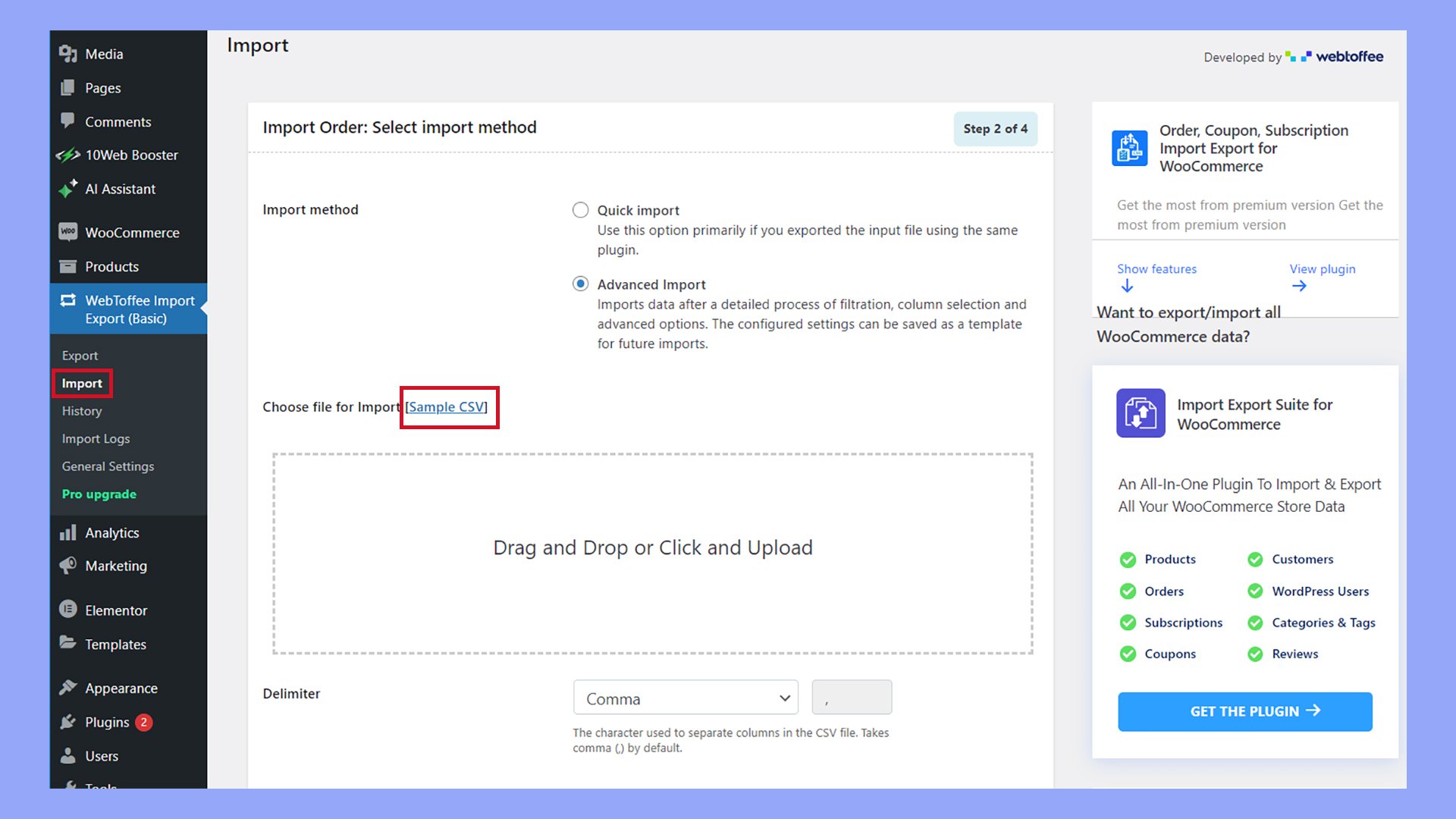 Downloading the example csv file to import WooCommerce orders.