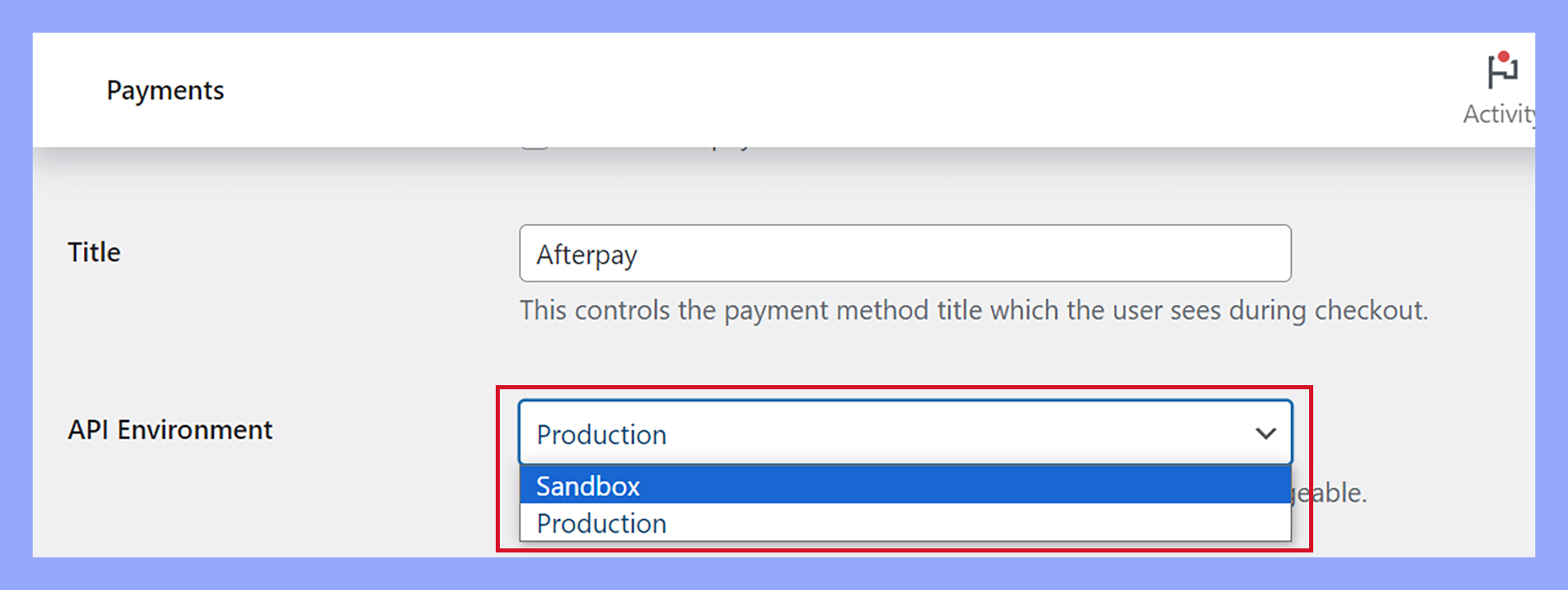Enabling sandbox mode to test Afterpay in WooCommerce.