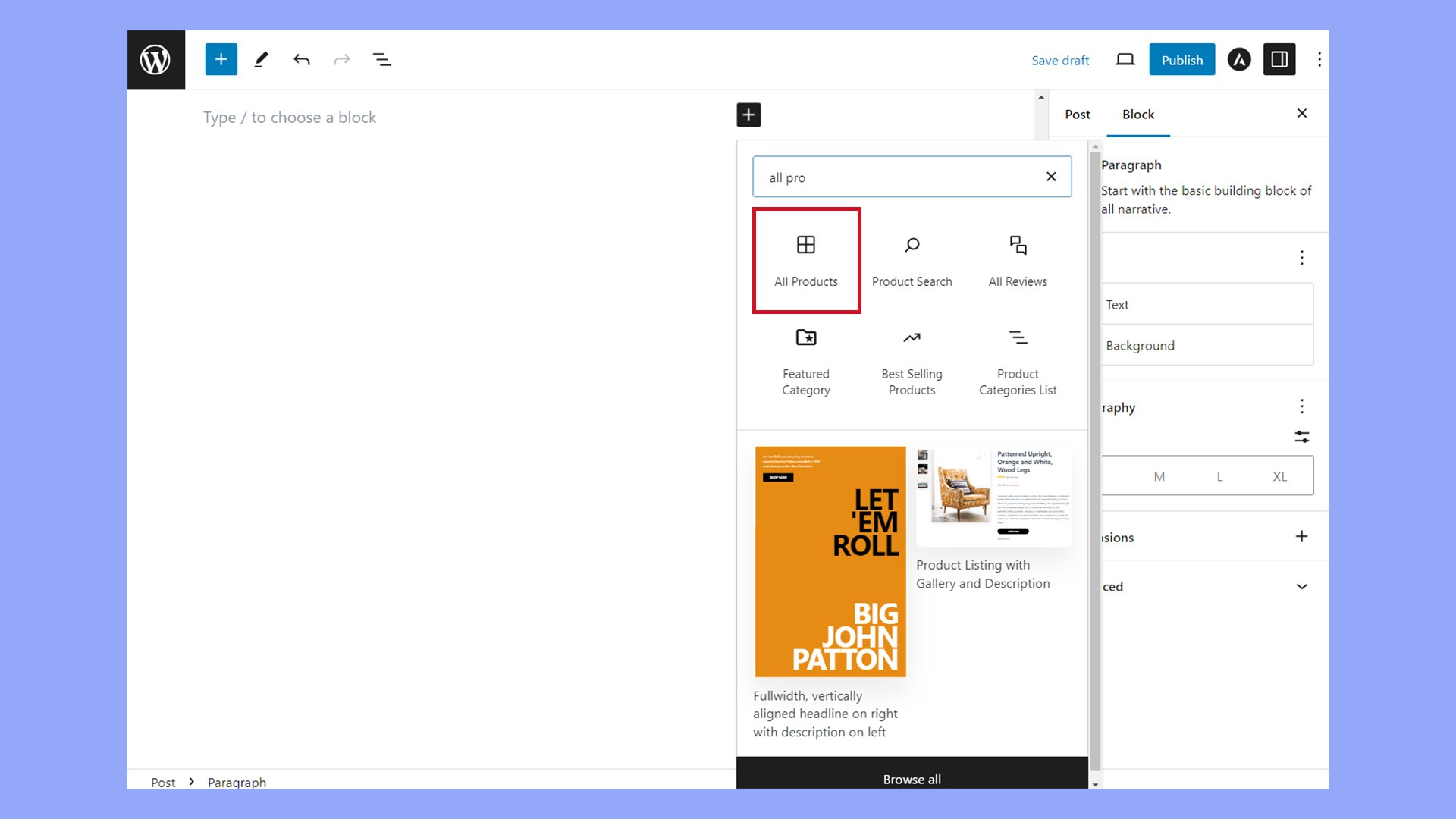 Configura una página de tienda WooCommerce con el bloque Todos los productos.