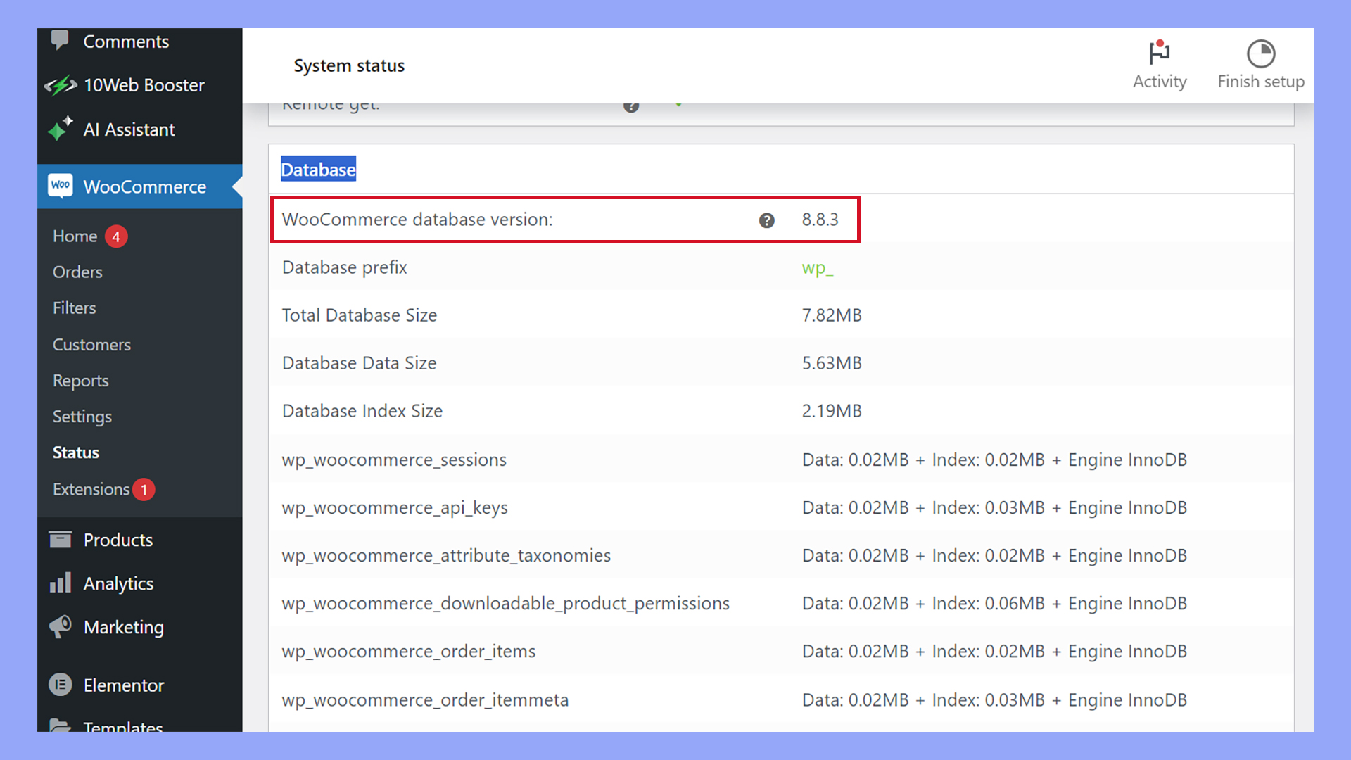 Confirming the new version in WooCommerce, status after updating the database.