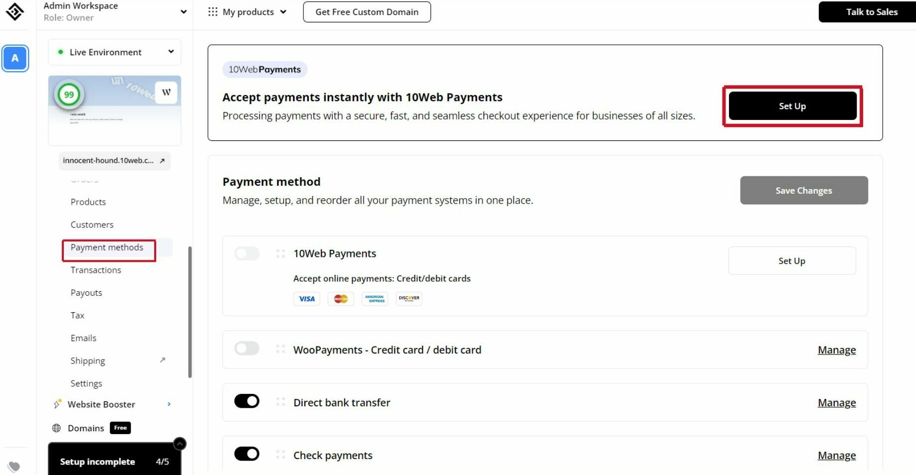 Sistema de pago 10web