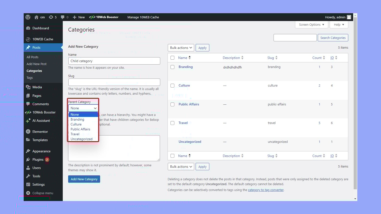 Adding a new child category in WordPress