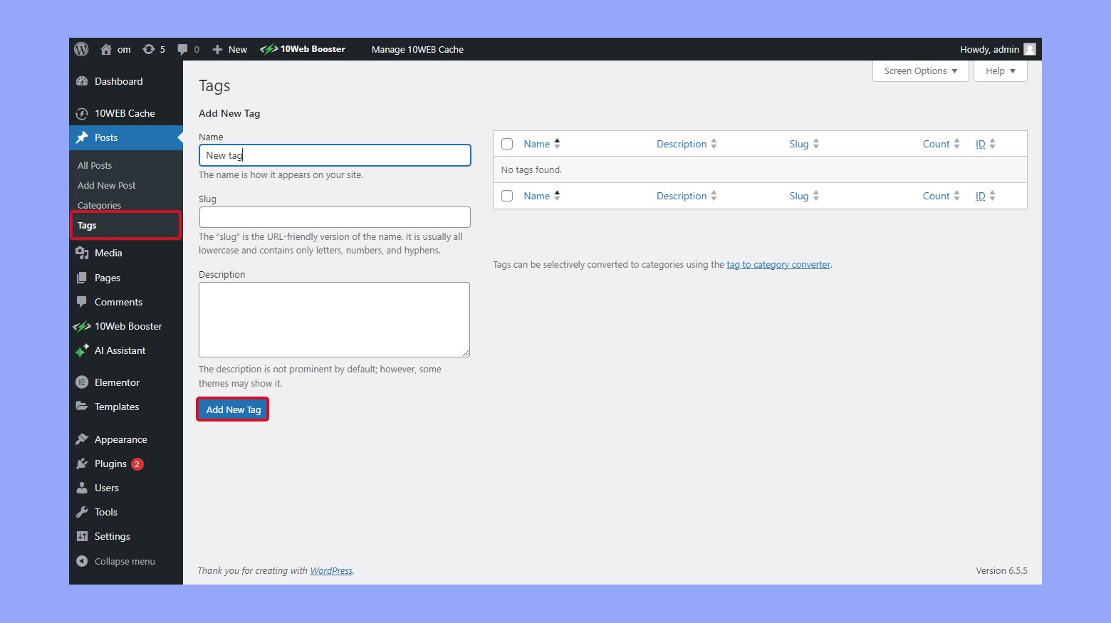 Adding a new tags in WordPress