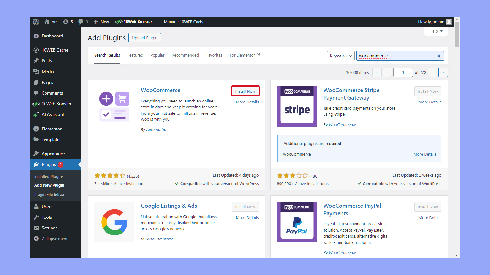 Installing WooCommerce in WordPress