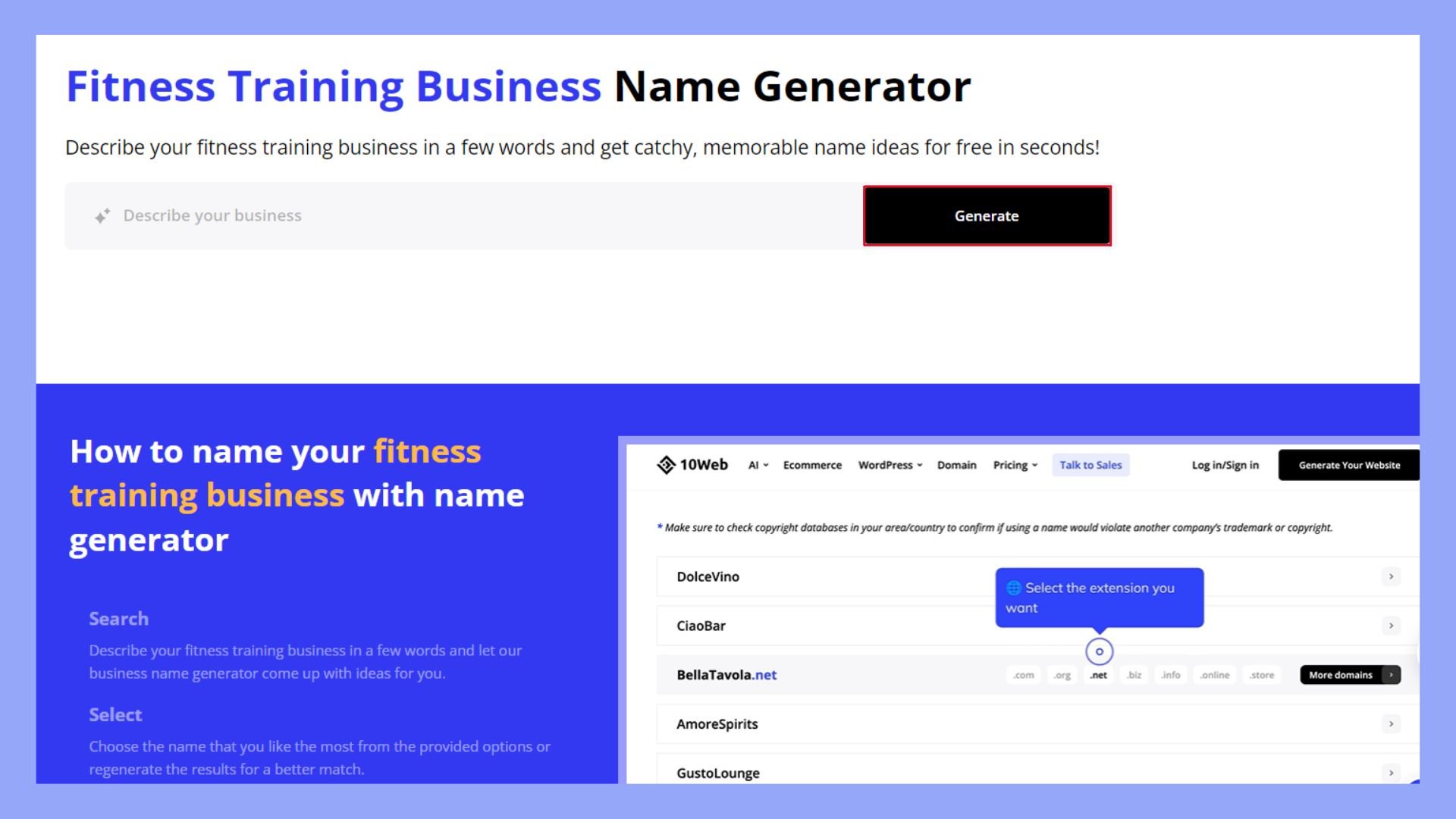 Generating a business name with 10Web Business Name Generator