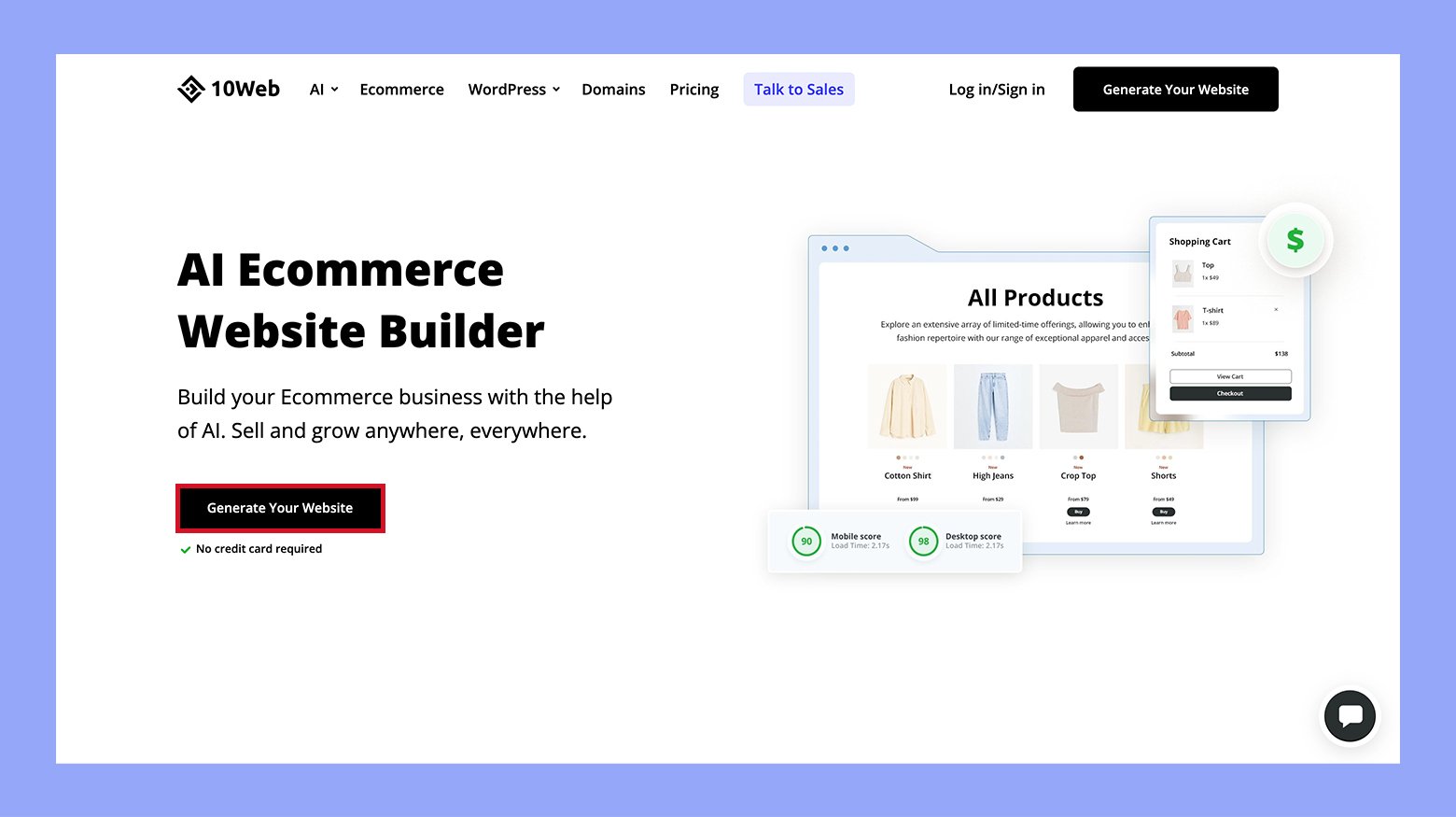 10Web Ecommerce Website Builder page