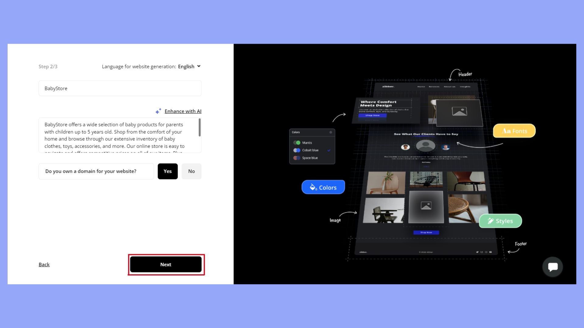Generate a website by describing it