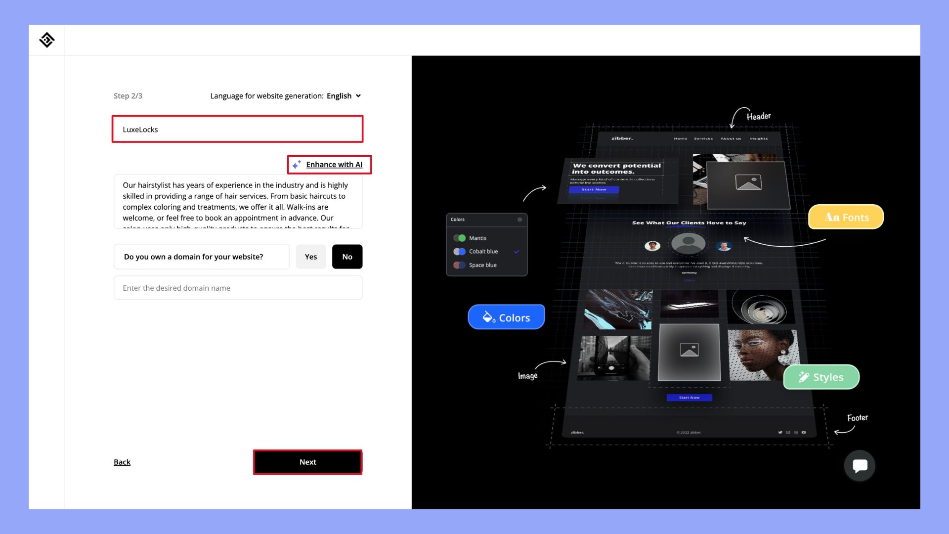 Business name and description