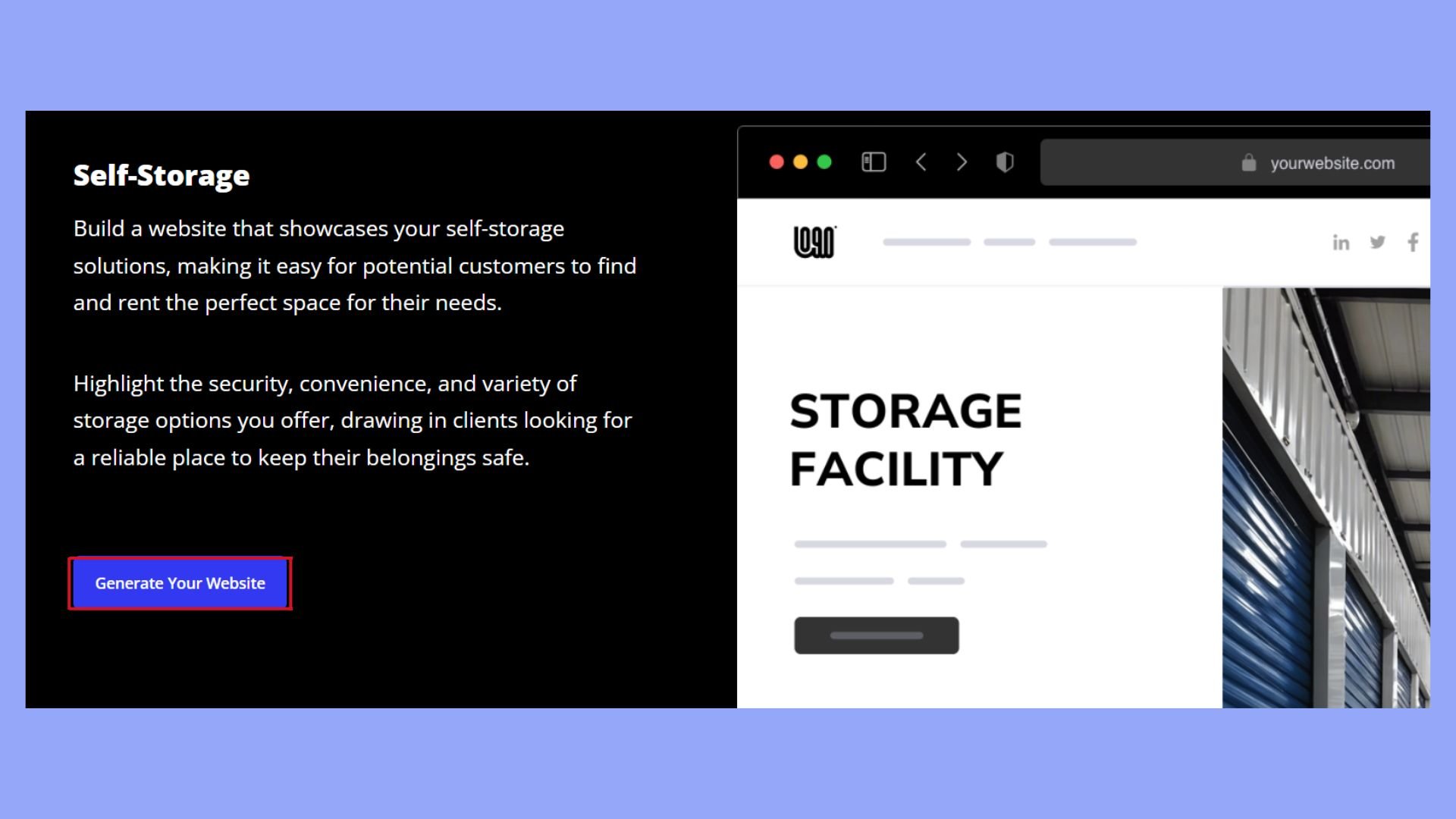 Generate a storage business website with 10Web AI website builder