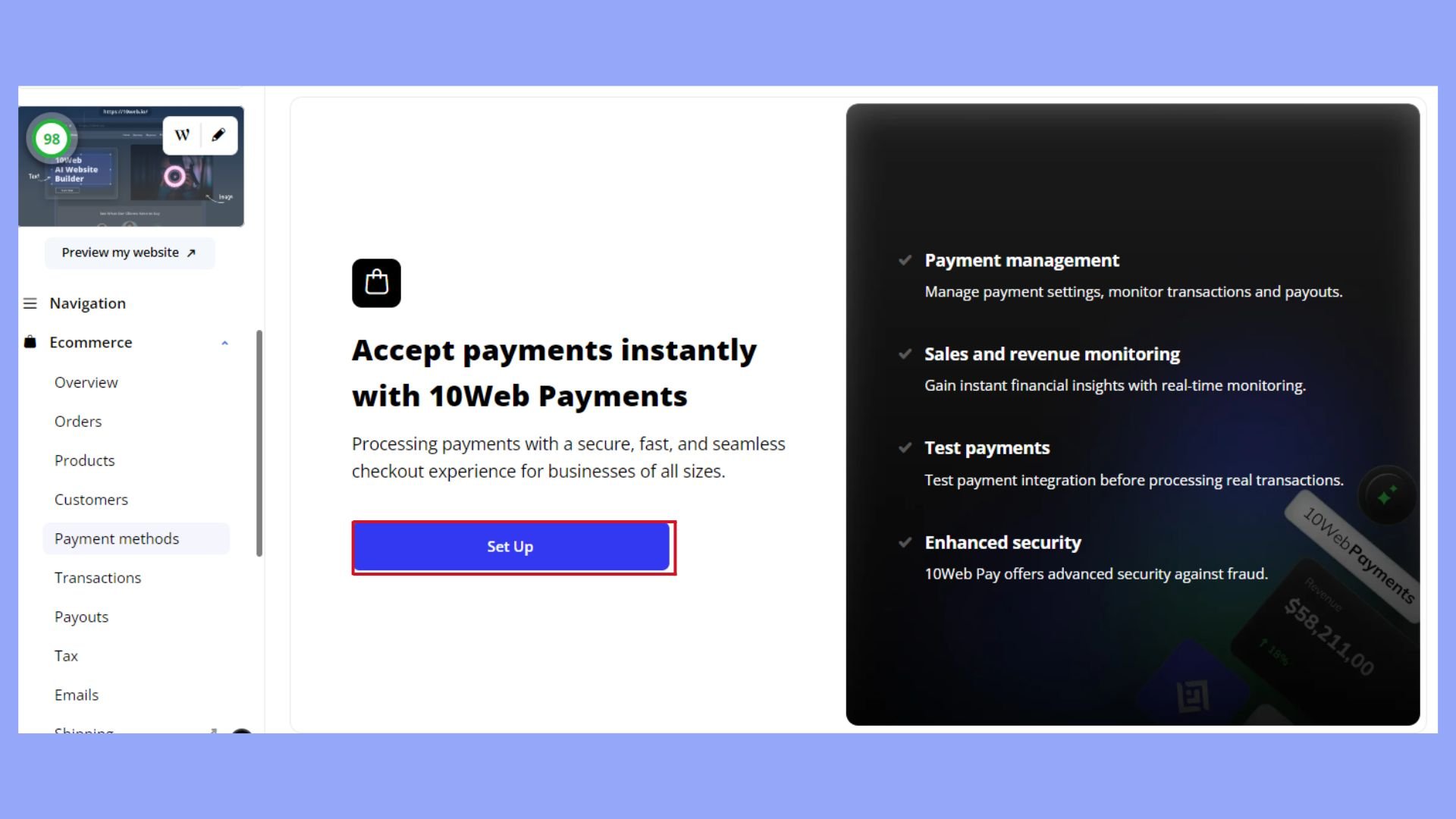 Setting up the payment method on your ecommerce store through 10Web dashboard