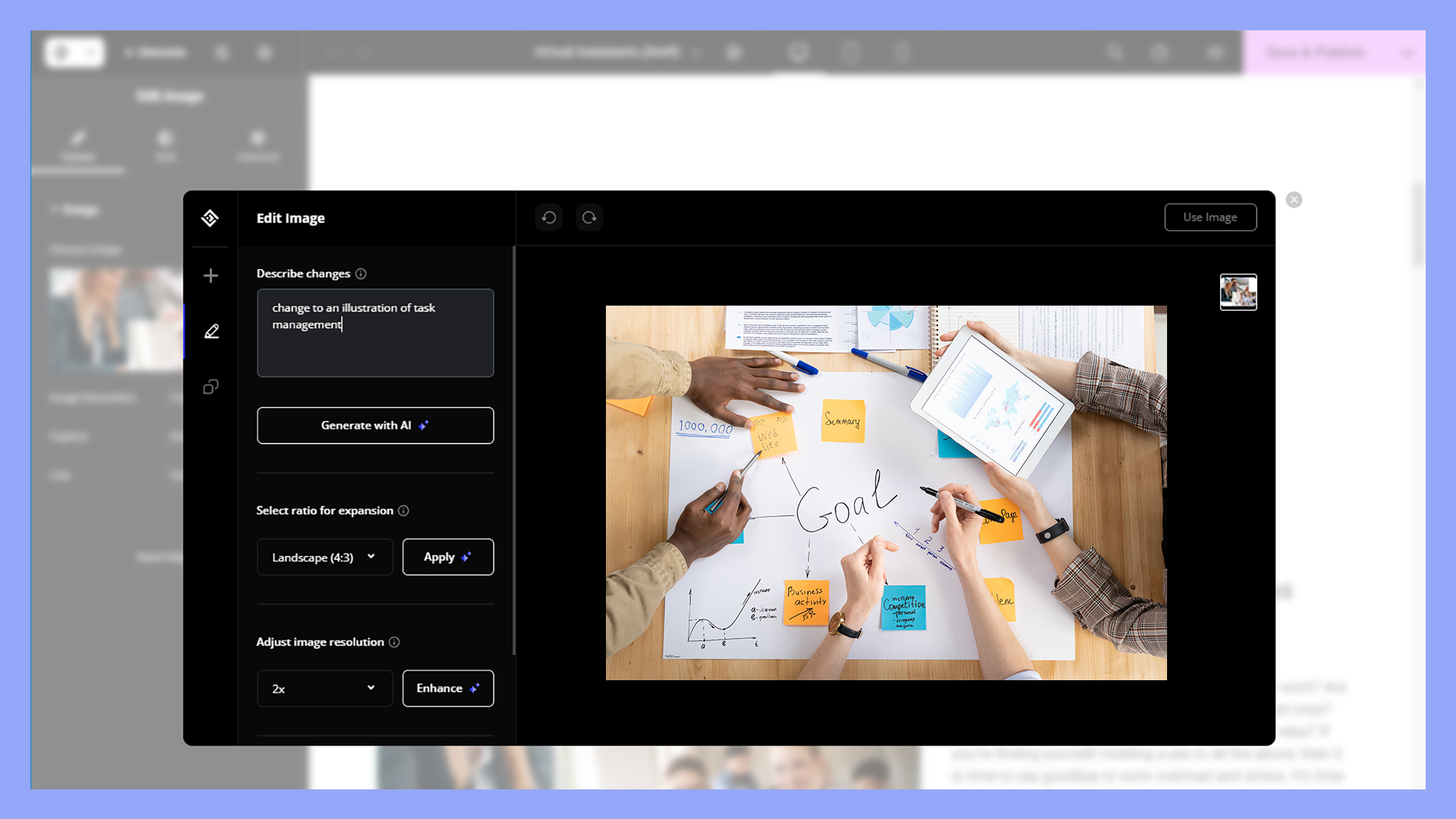 Editing a generated web page with the 10Web Builder's AI tools.