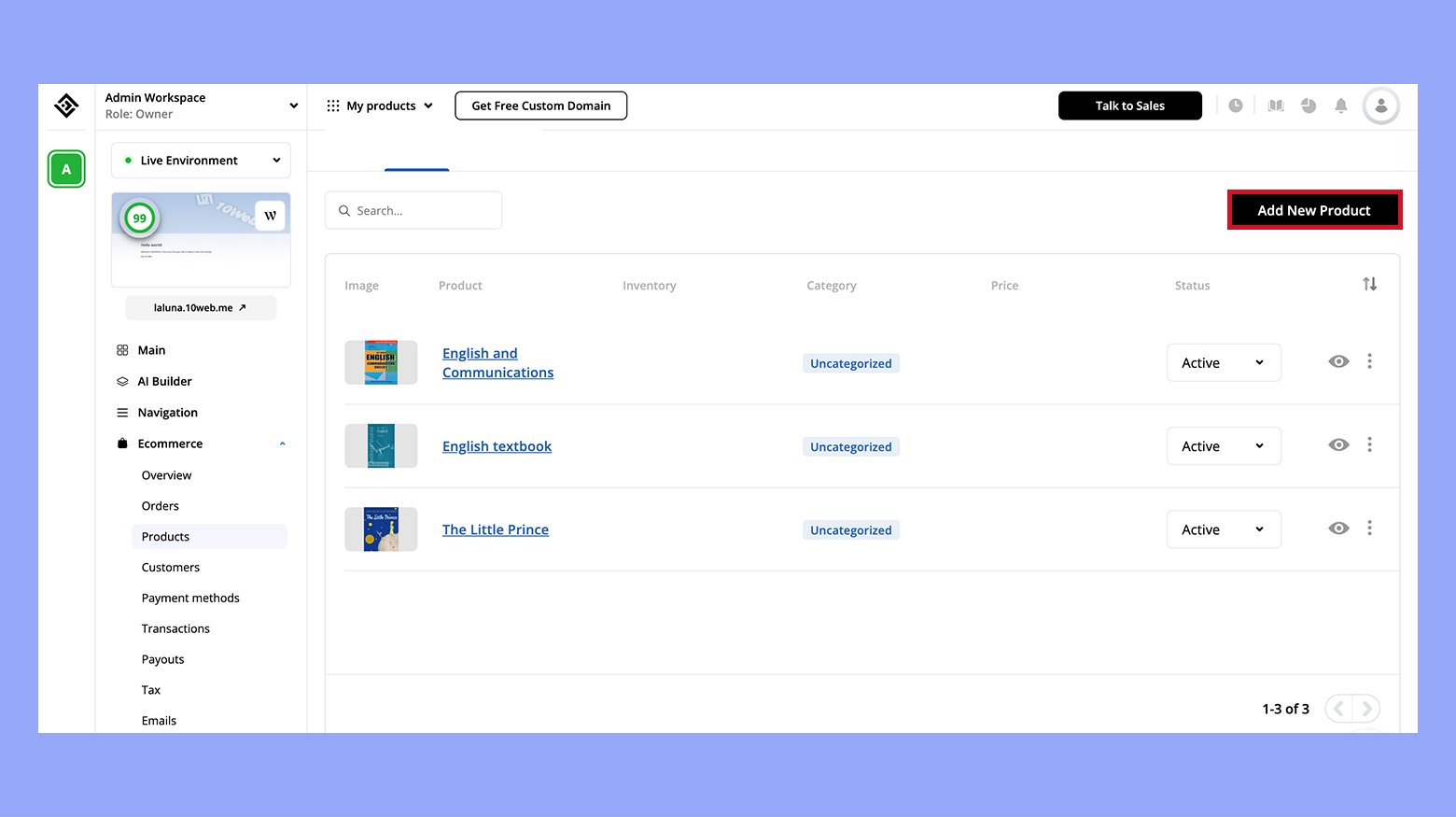 Adding a new product in 10Web