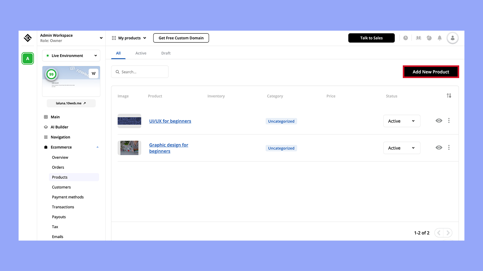 Adding new product in 10Web