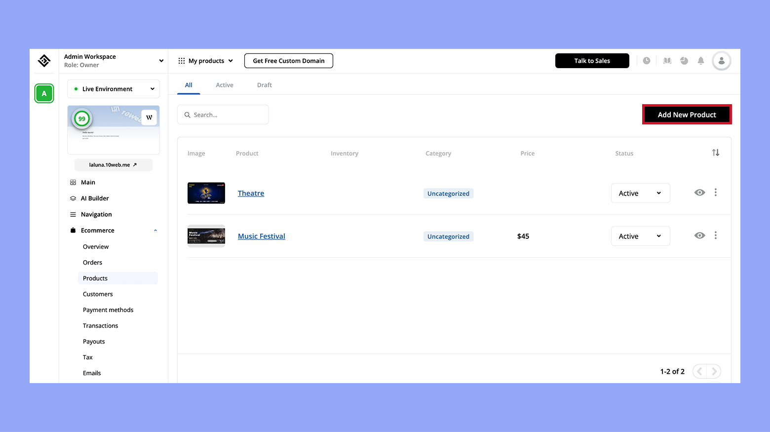 Adding new product in 10Web dashboard 11.44.17