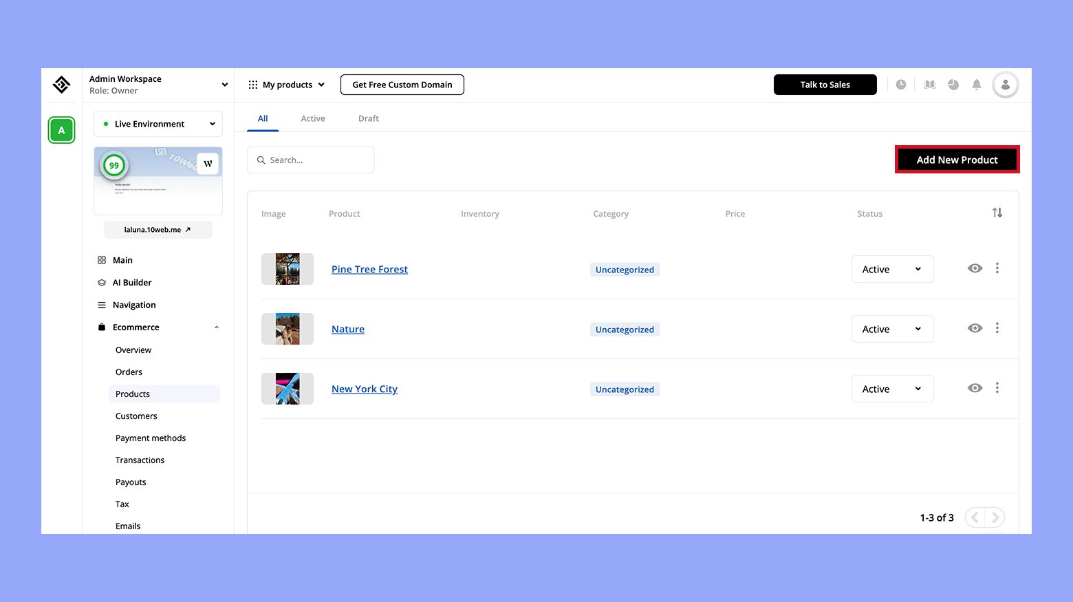 Adding new product in 10Web dashboard