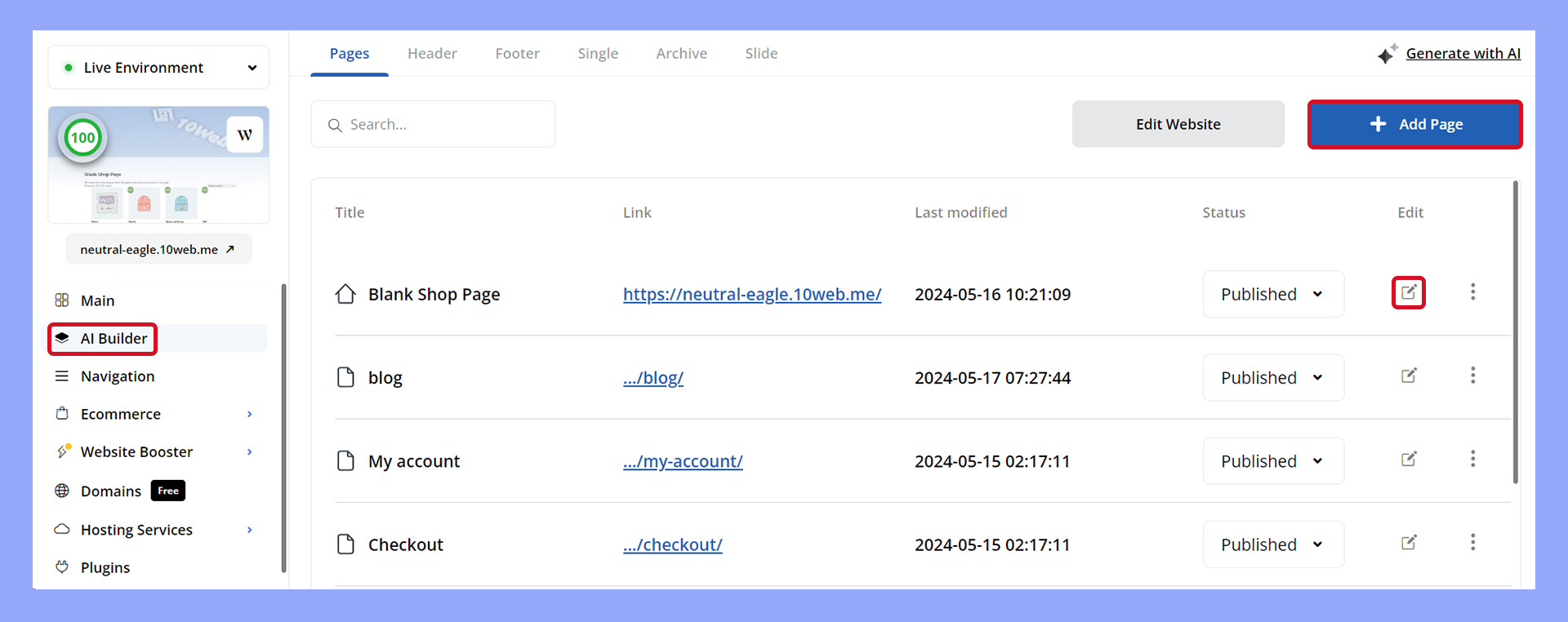 Opening a page in the 10Web Builder to customize and edit.