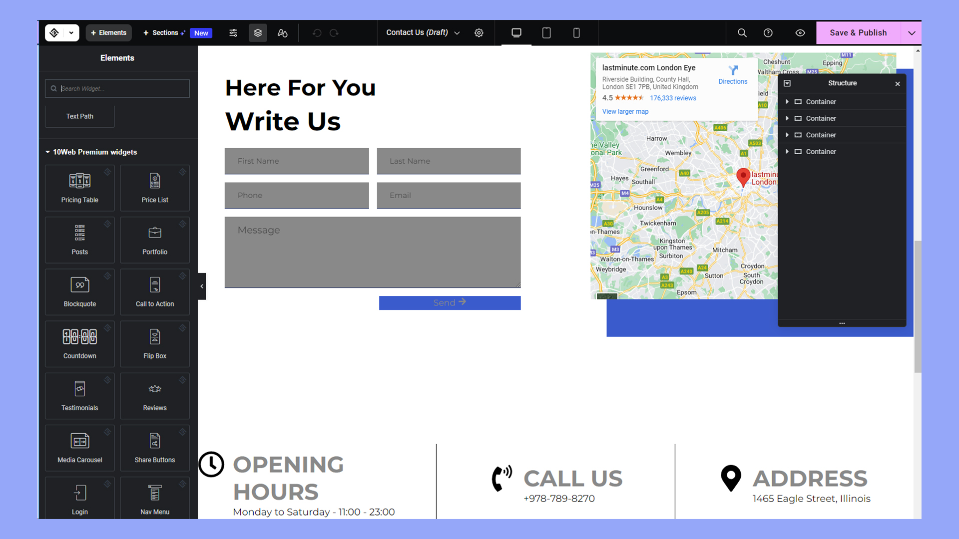 The 10Web Builder's drag and drop interface.