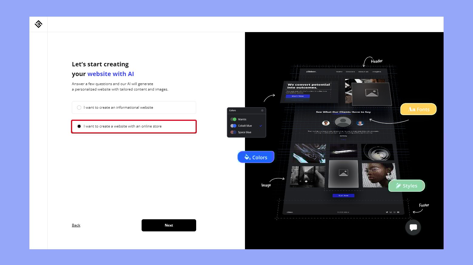 Choose create a website with an online store
