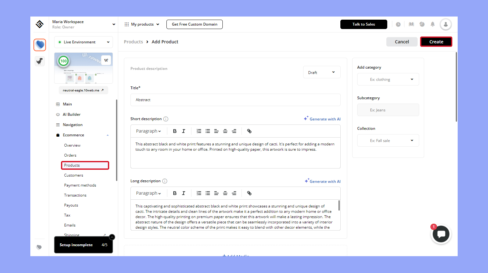 Creating a new product via the 10Web dashboard
