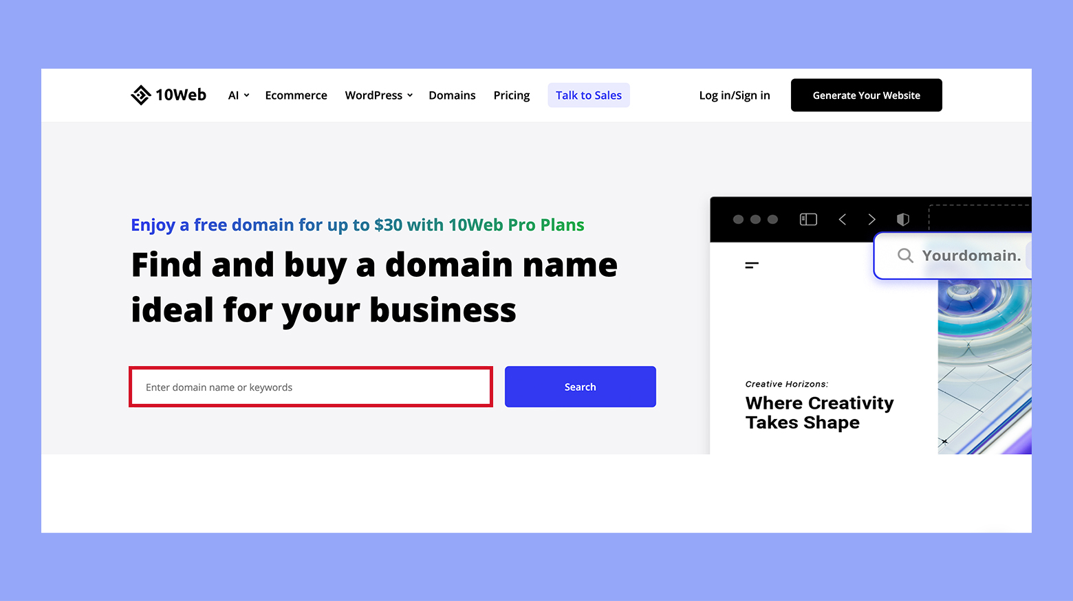 Finding a domain name with 10Web