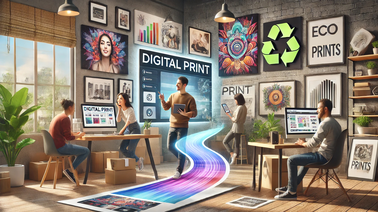 Online print selling studio with artists at work.